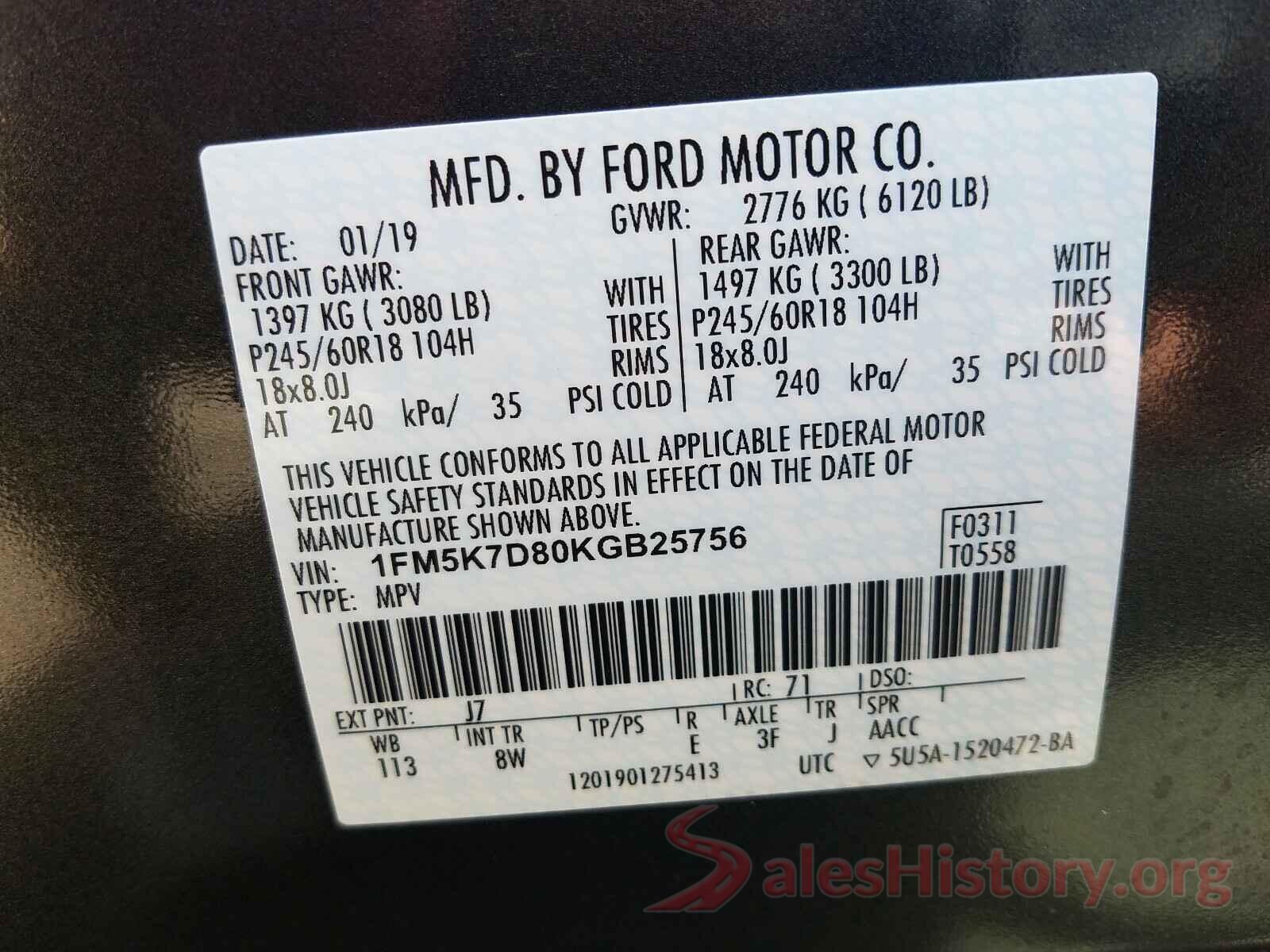 1FM5K7D80KGB25756 2019 FORD EXPLORER