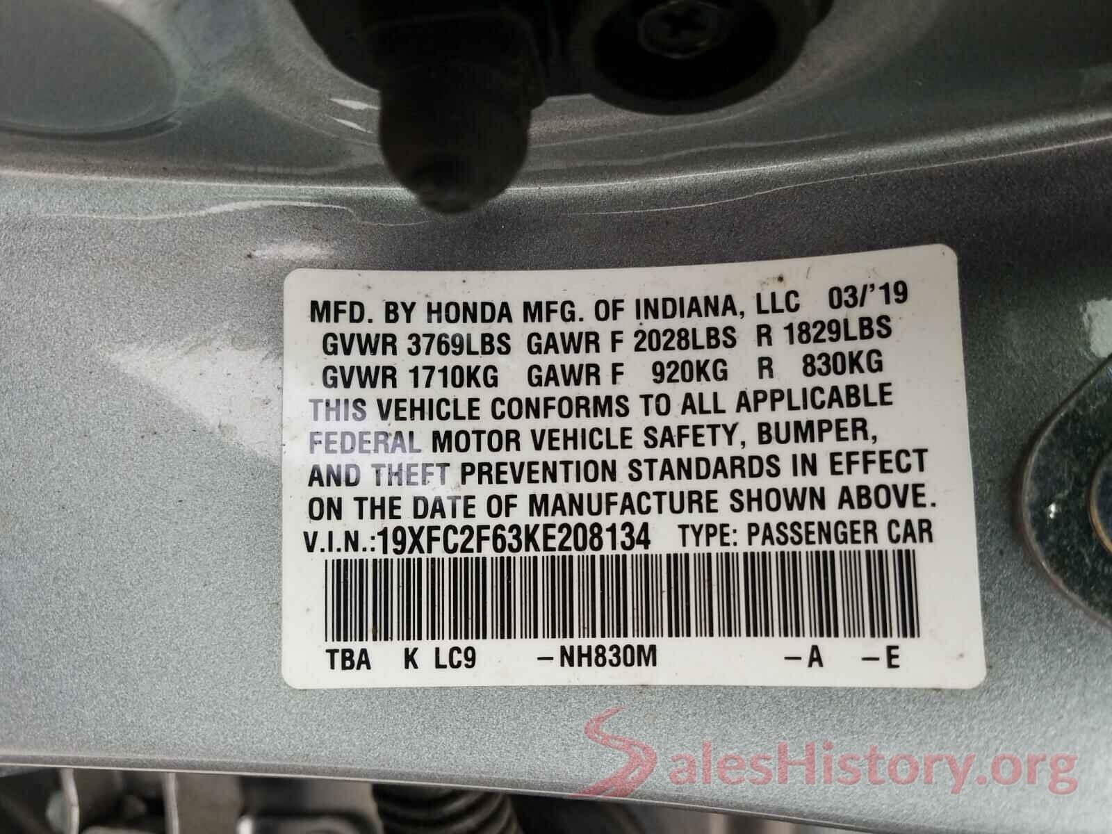 19XFC2F63KE208134 2019 HONDA CIVIC