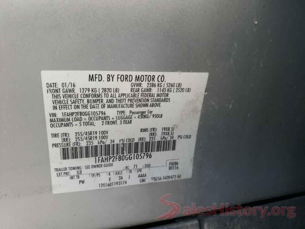 1FAHP2F80GG105796 2016 FORD TAURUS