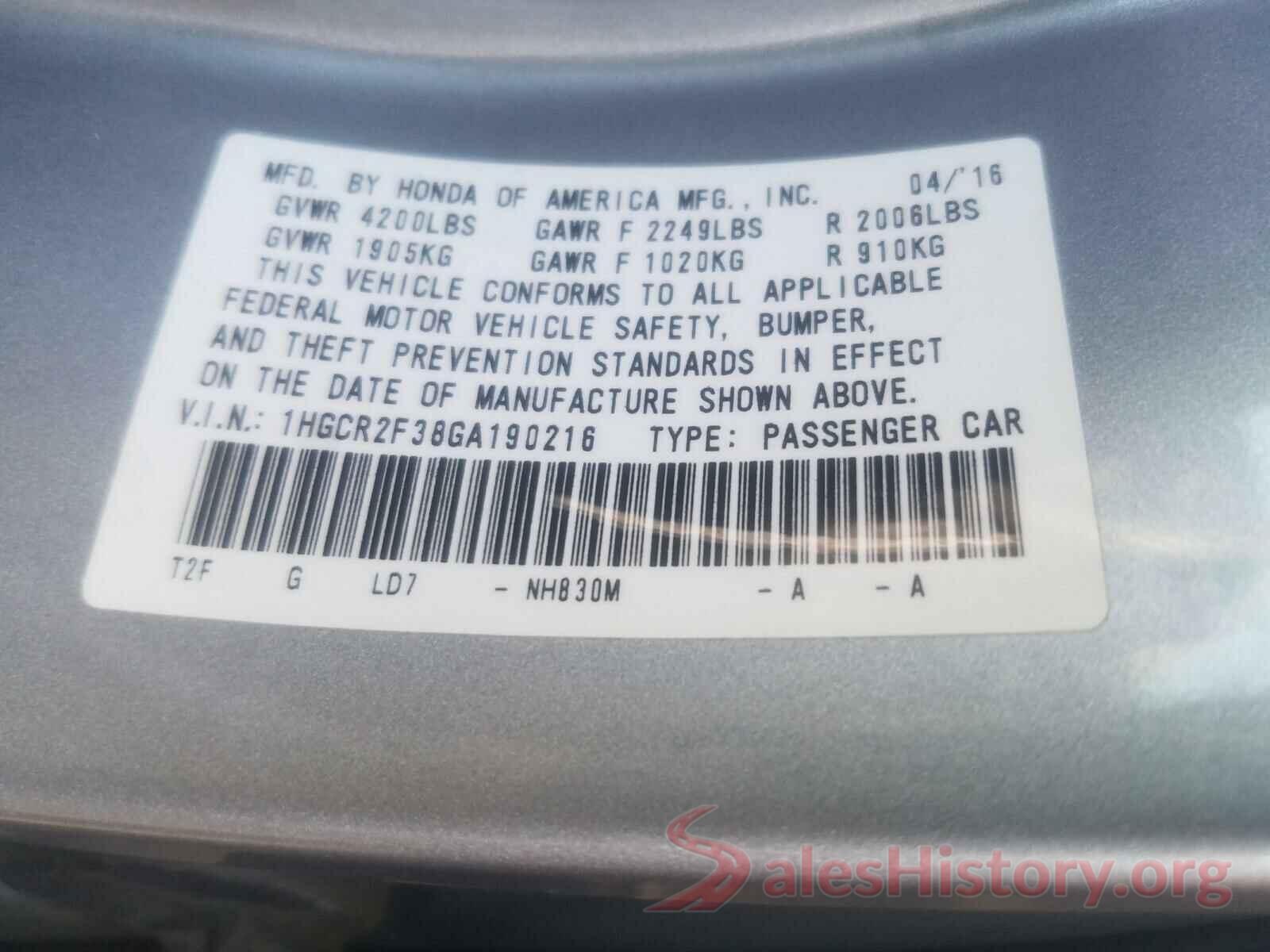 1HGCR2F38GA190216 2016 HONDA ACCORD