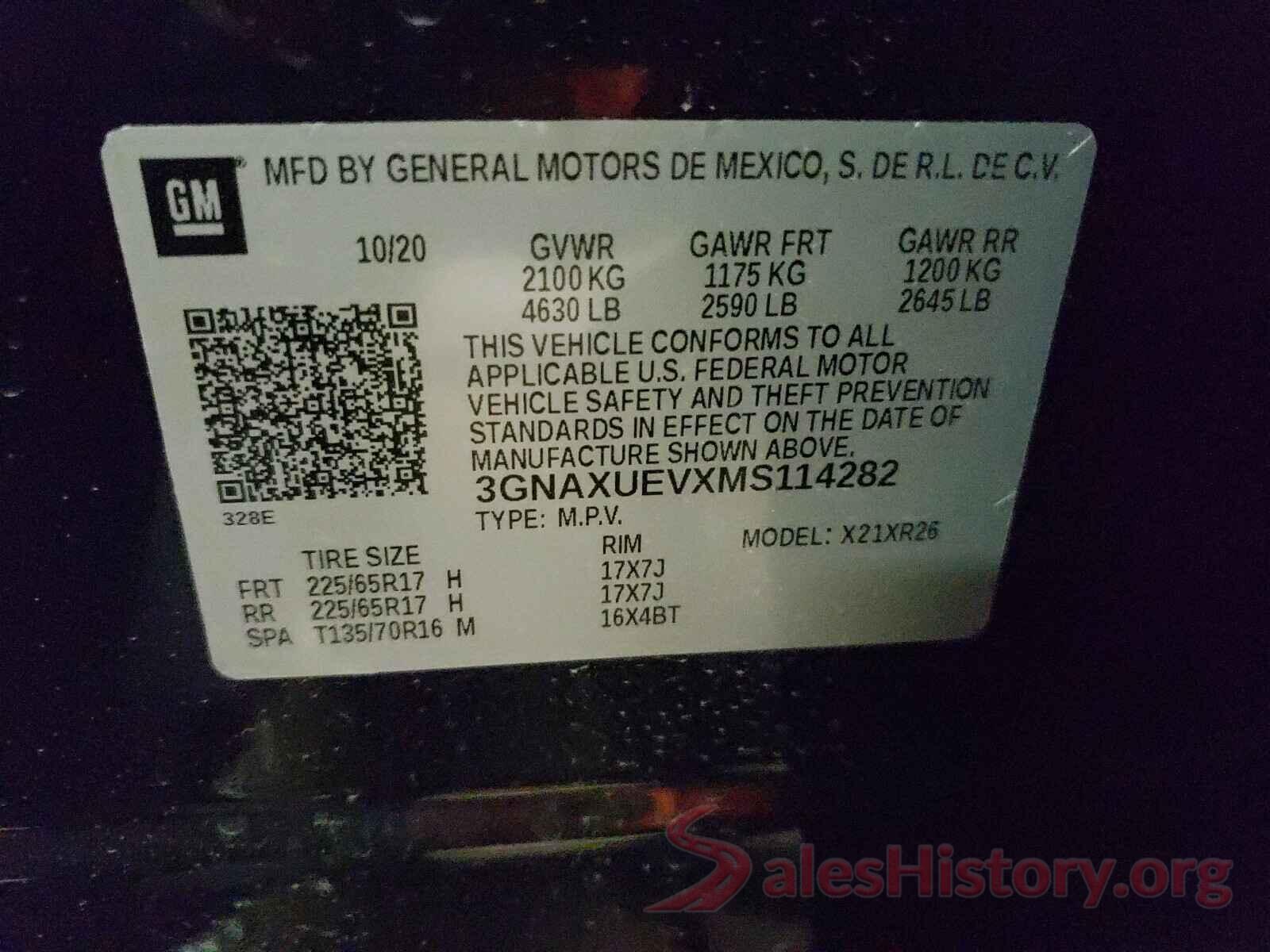 3GNAXUEVXMS114282 2021 CHEVROLET EQUINOX