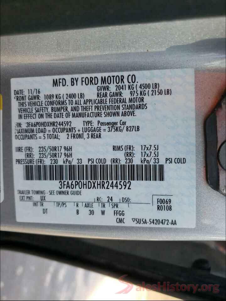 3FA6P0HDXHR244592 2017 FORD FUSION