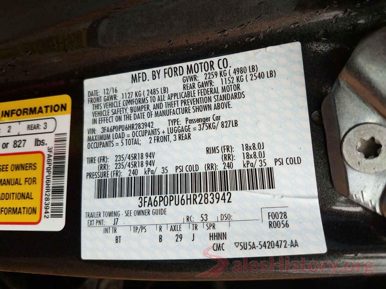 3FA6P0PU6HR283942 2017 FORD FUSION