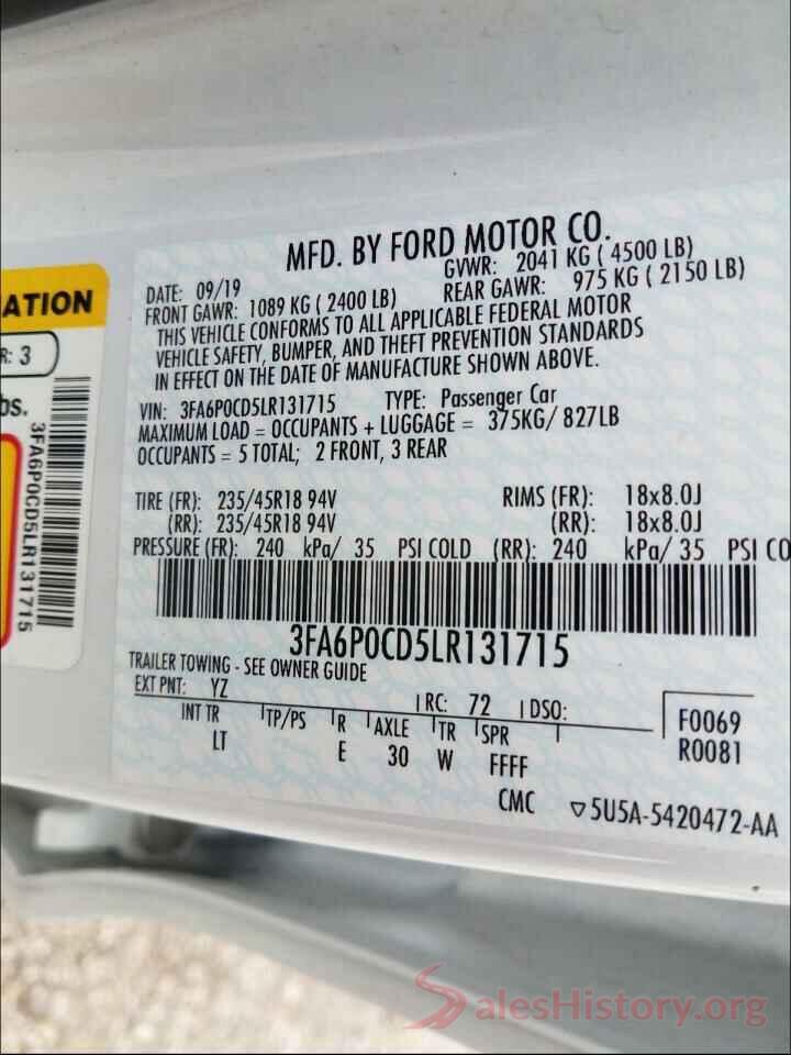 3FA6P0CD5LR131715 2020 FORD FUSION