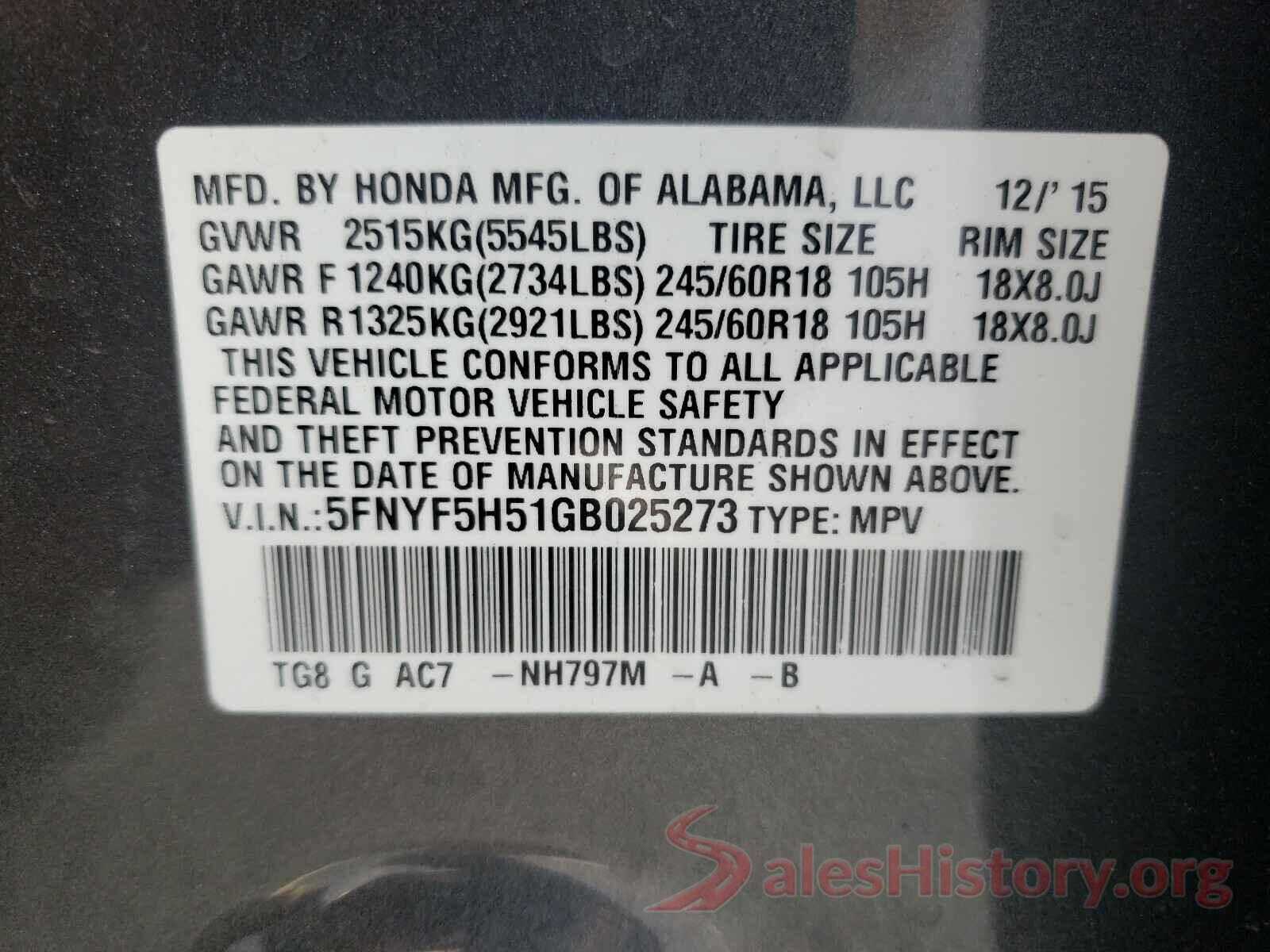 5FNYF5H51GB025273 2016 HONDA PILOT