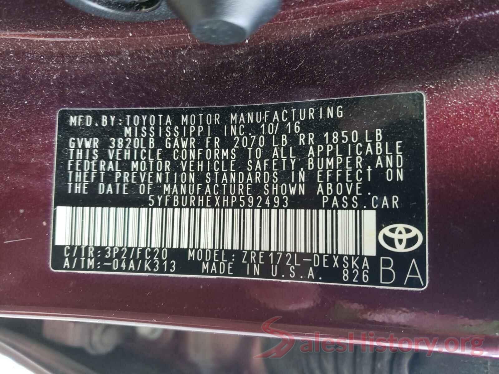 5YFBURHEXHP592493 2017 TOYOTA COROLLA