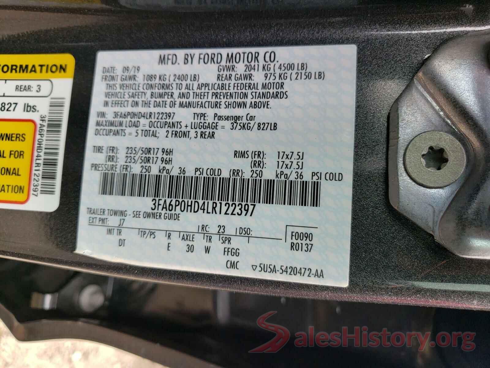 3FA6P0HD4LR122397 2020 FORD FUSION