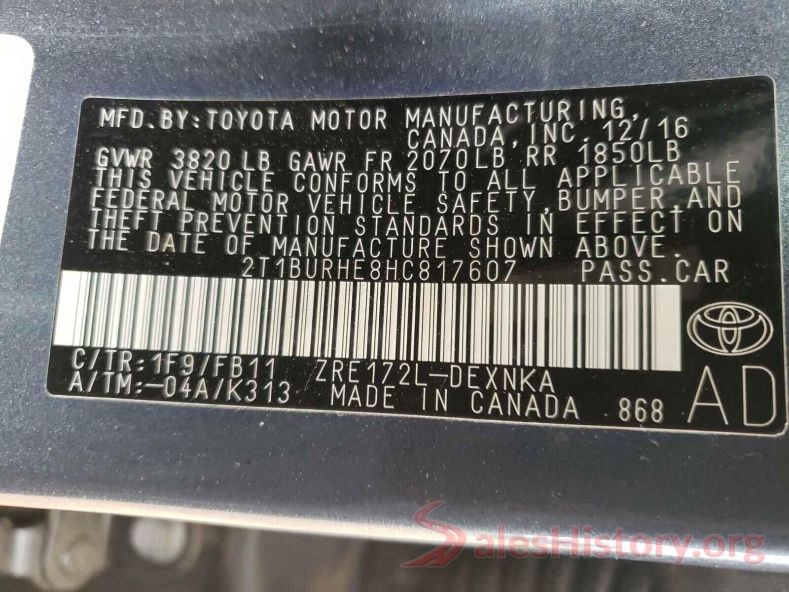 2T1BURHE8HC817607 2017 TOYOTA COROLLA