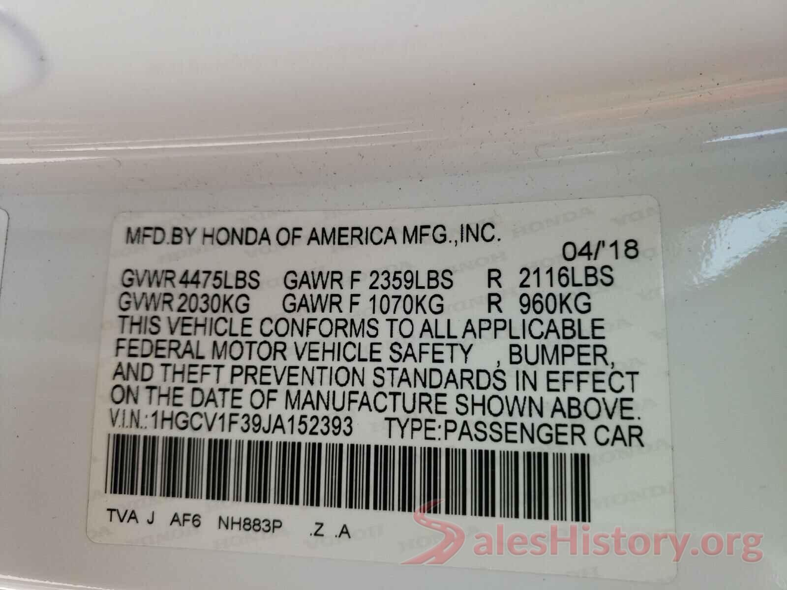 1HGCV1F39JA152393 2018 HONDA ACCORD