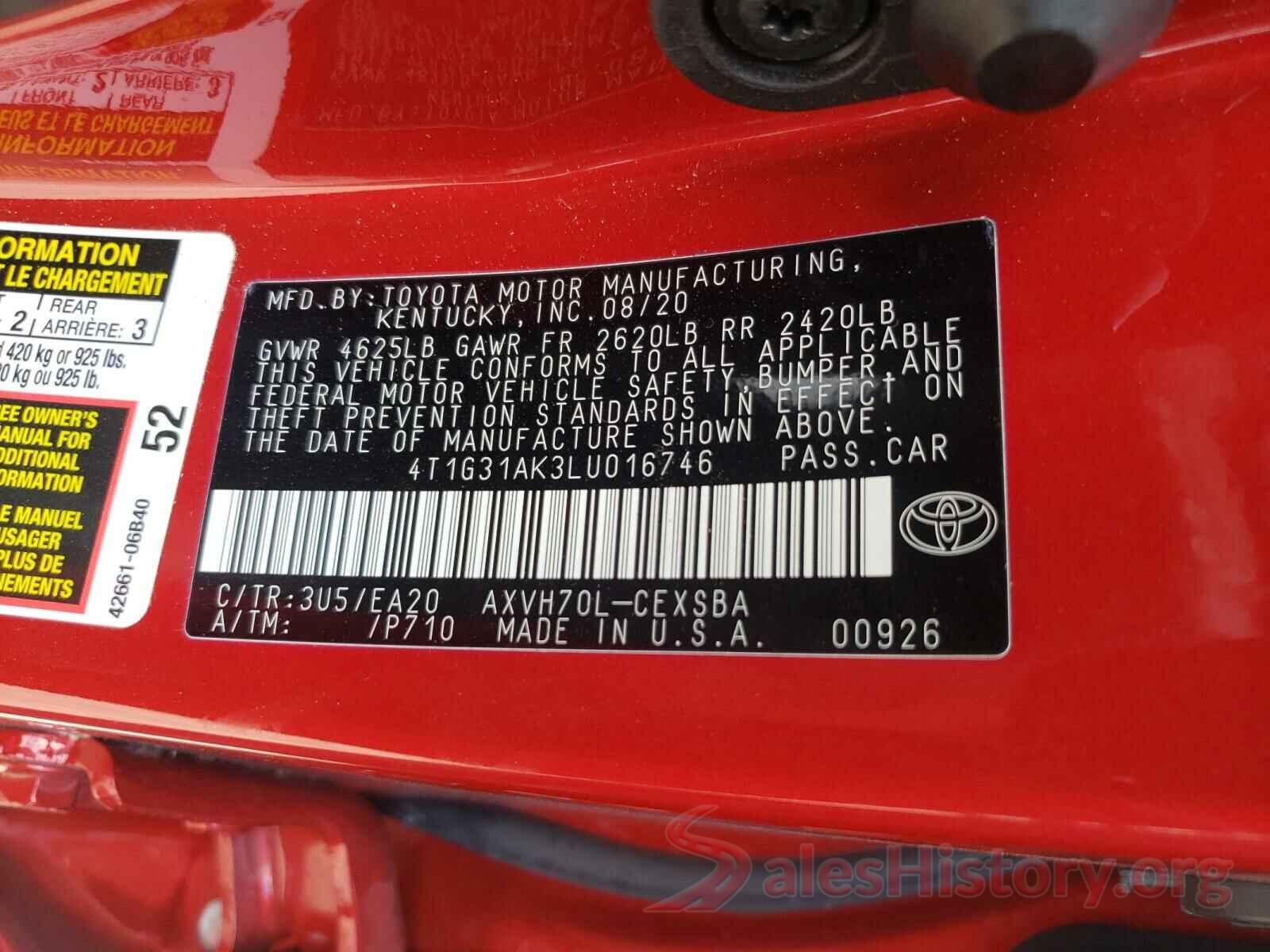 4T1G31AK3LU016746 2020 TOYOTA CAMRY