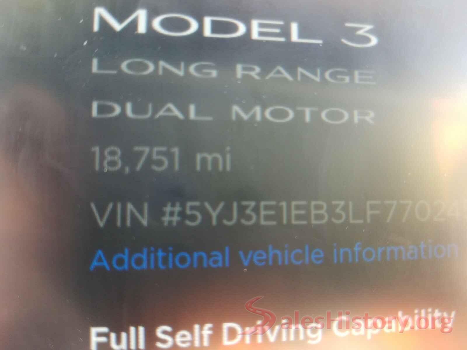 5YJ3E1EB3LF770245 2020 TESLA MODEL 3