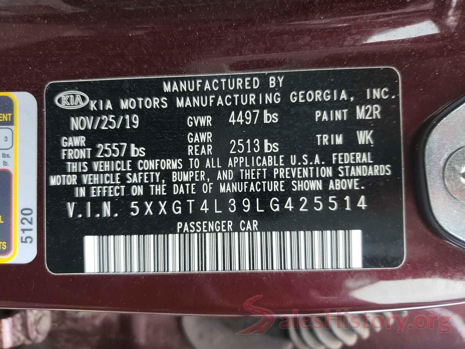 5XXGT4L39LG425514 2020 KIA OPTIMA