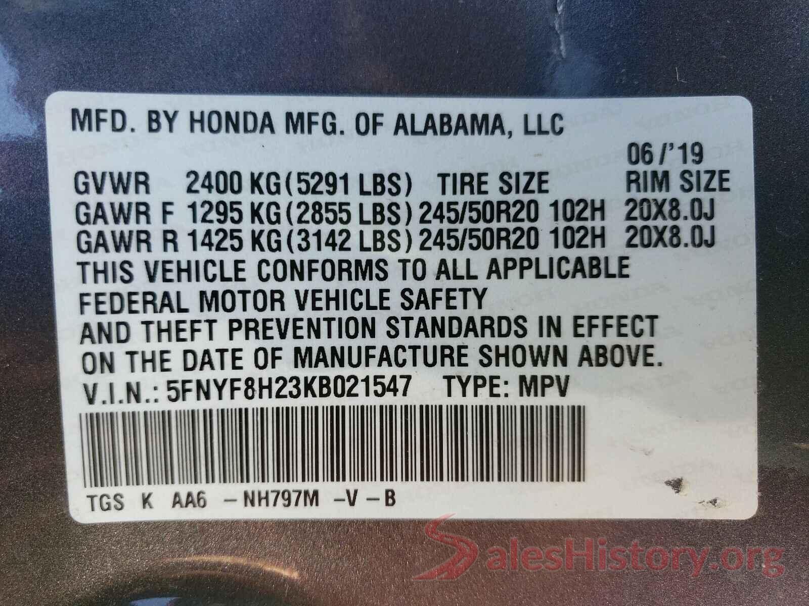 5FNYF8H23KB021547 2019 HONDA PASSPORT