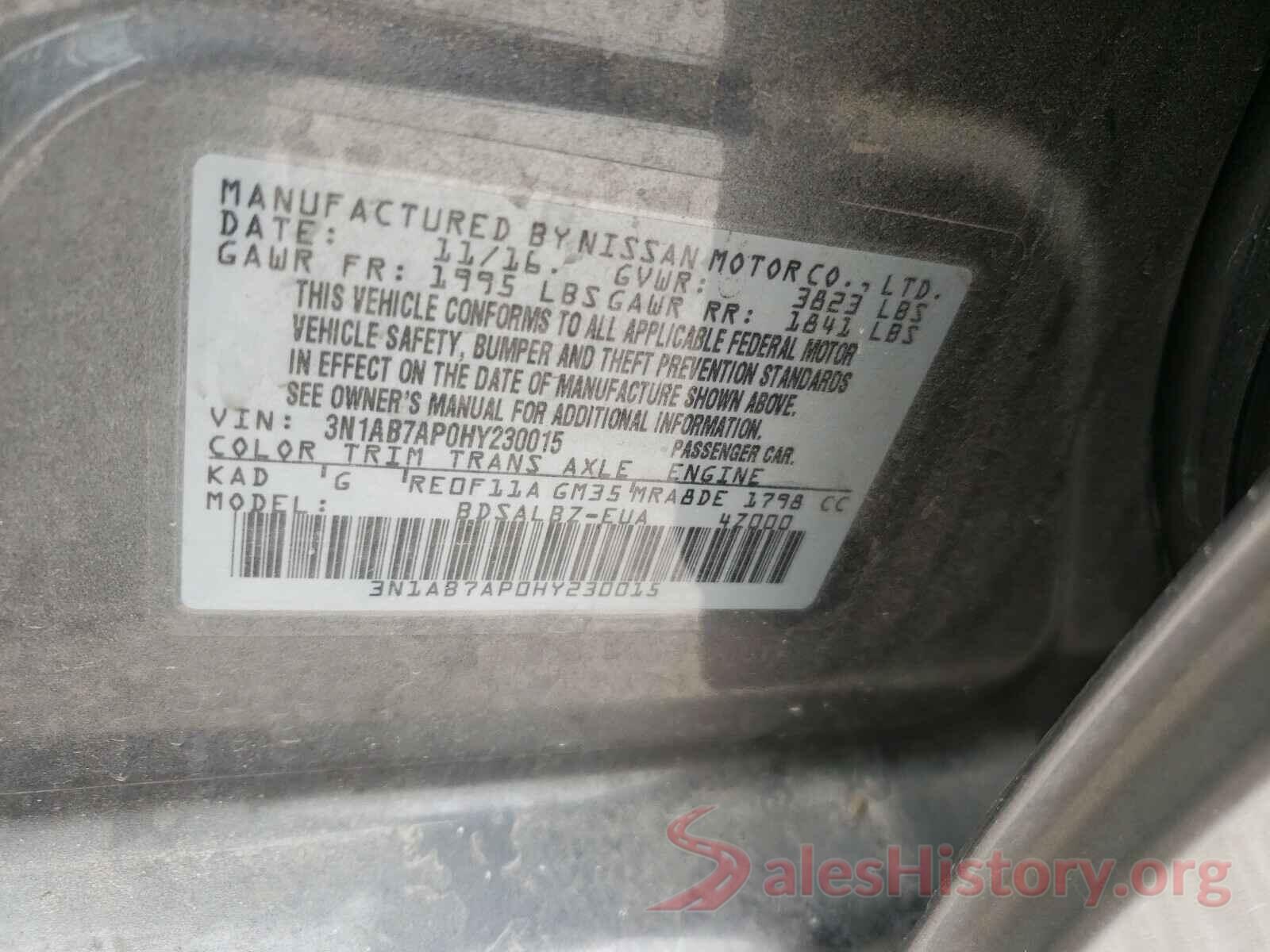 3N1AB7AP0HY230015 2017 NISSAN SENTRA