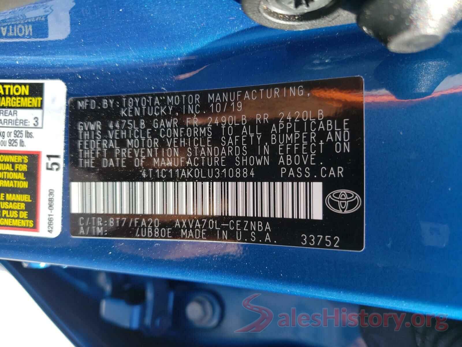 4T1C11AK0LU310884 2020 TOYOTA CAMRY