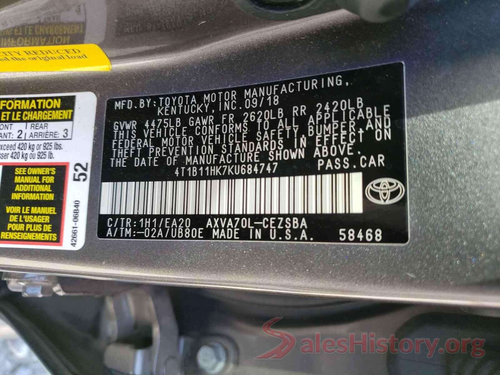 4T1B11HK7KU684747 2019 TOYOTA CAMRY