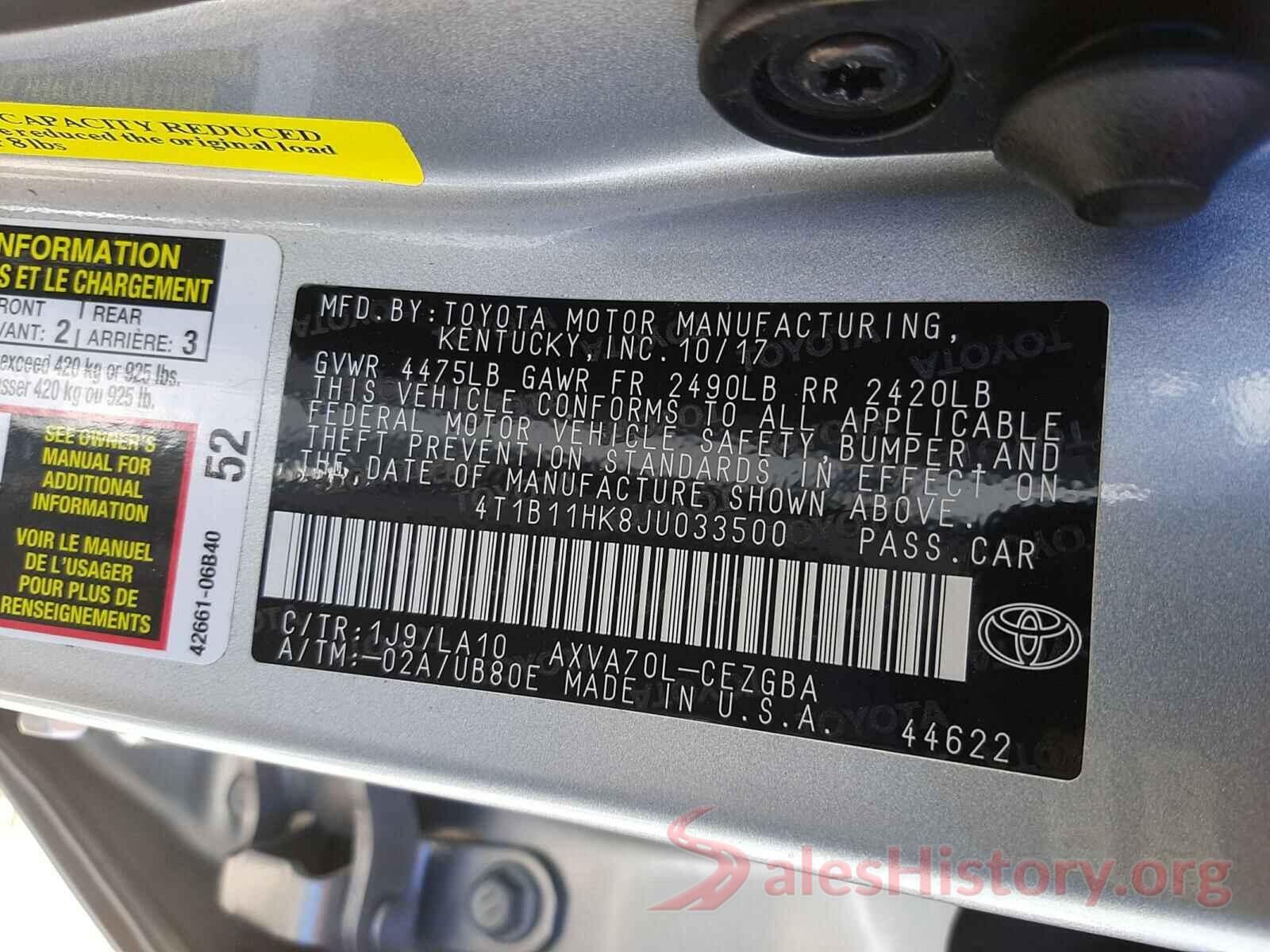 4T1B11HK8JU033500 2018 TOYOTA CAMRY