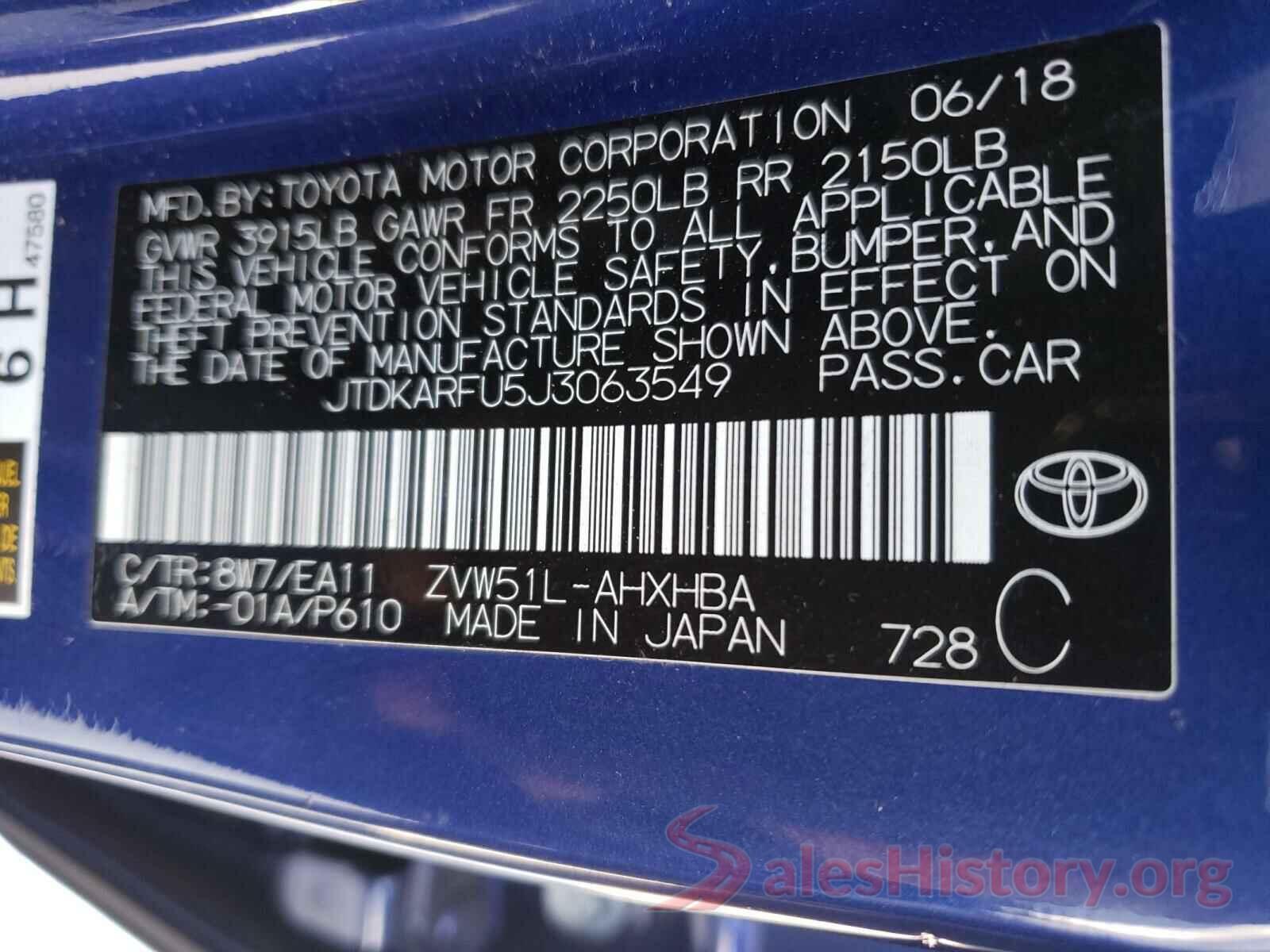 JTDKARFU5J3063549 2018 TOYOTA PRIUS