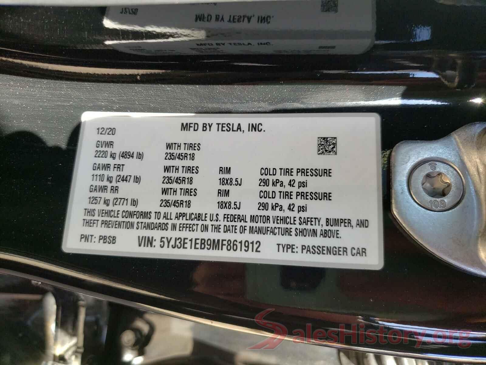 5YJ3E1EB9MF861912 2021 TESLA MODEL 3