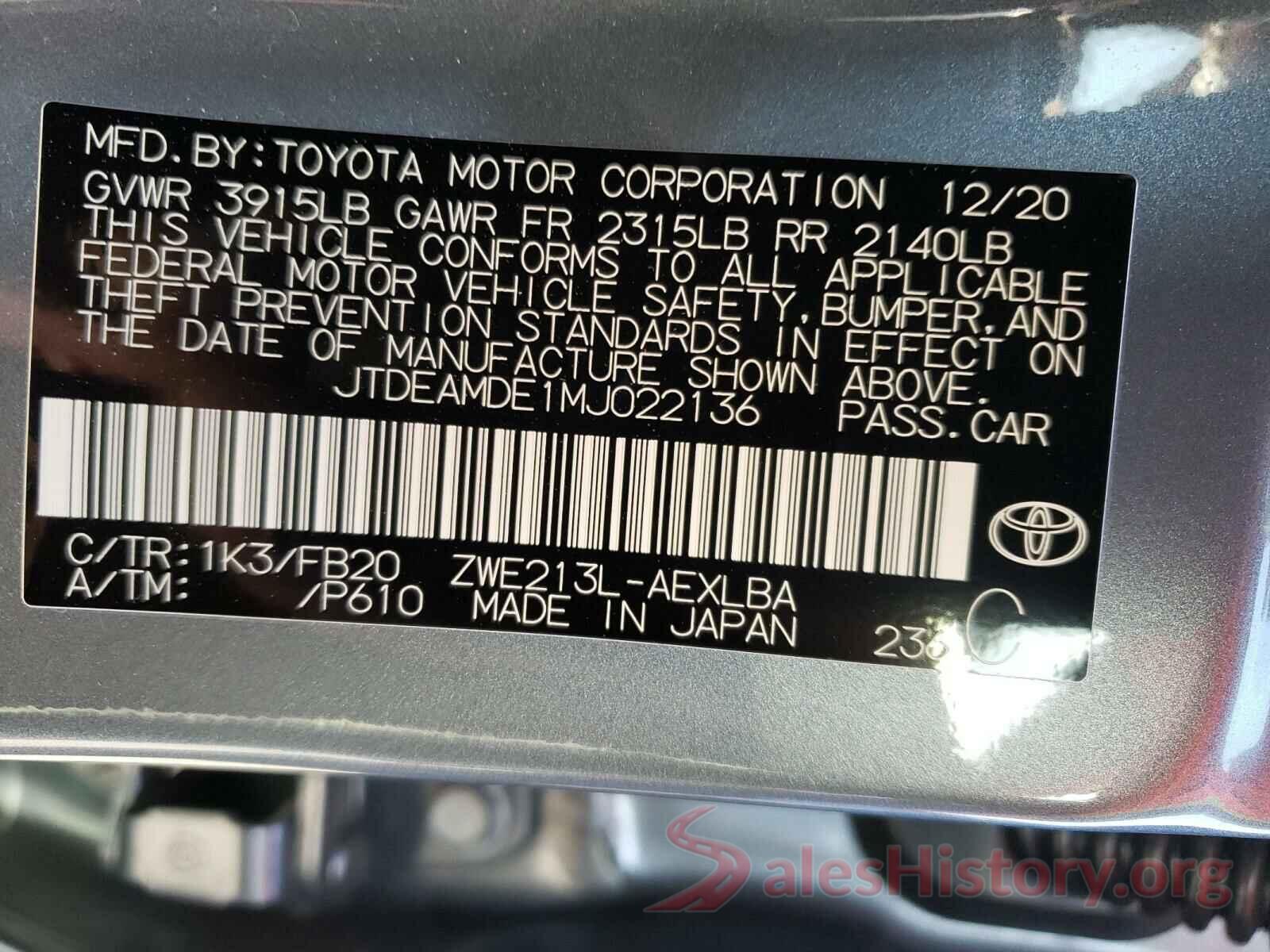 JTDEAMDE1MJ022136 2021 TOYOTA COROLLA