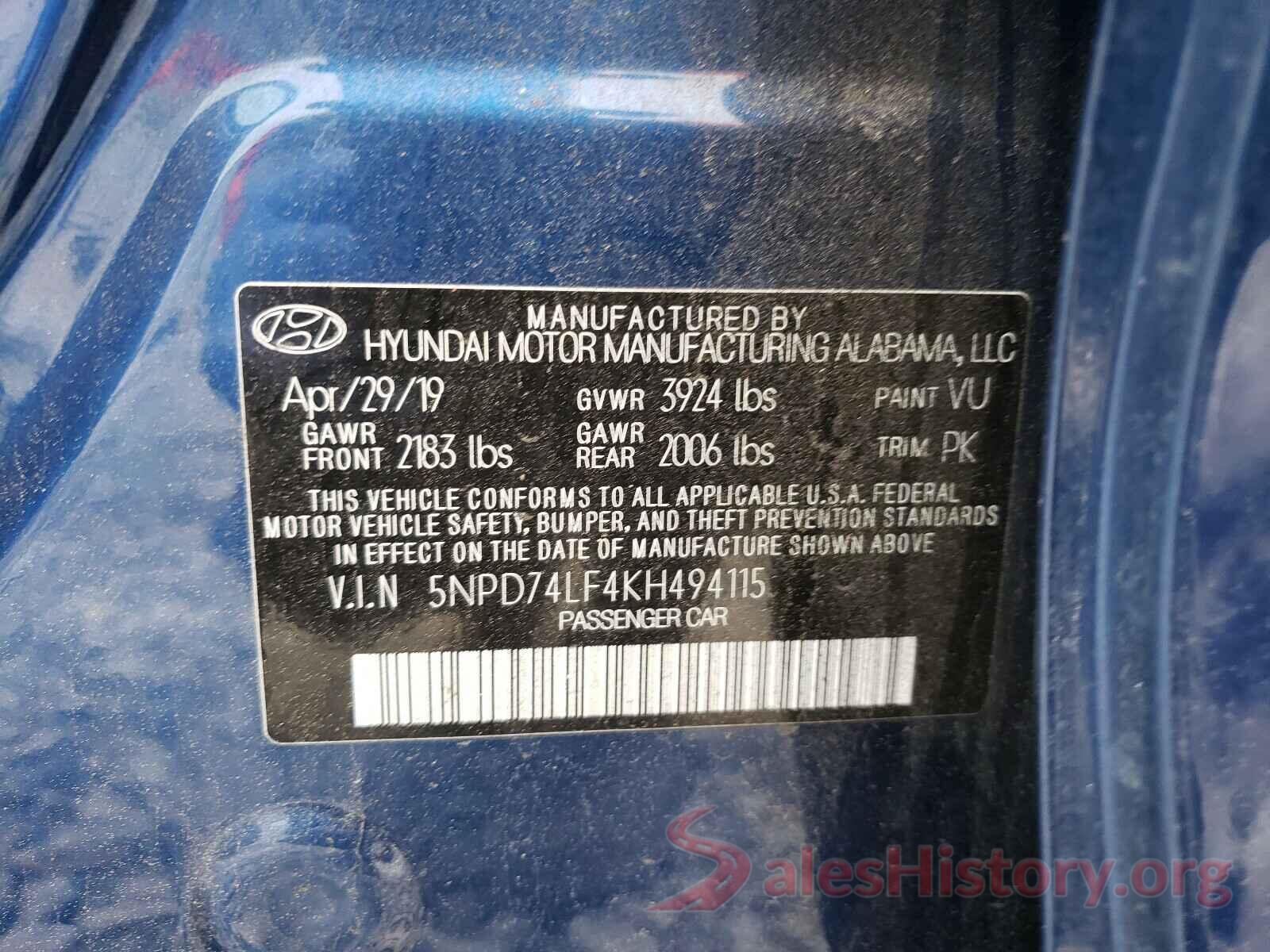 5NPD74LF4KH494115 2019 HYUNDAI ELANTRA