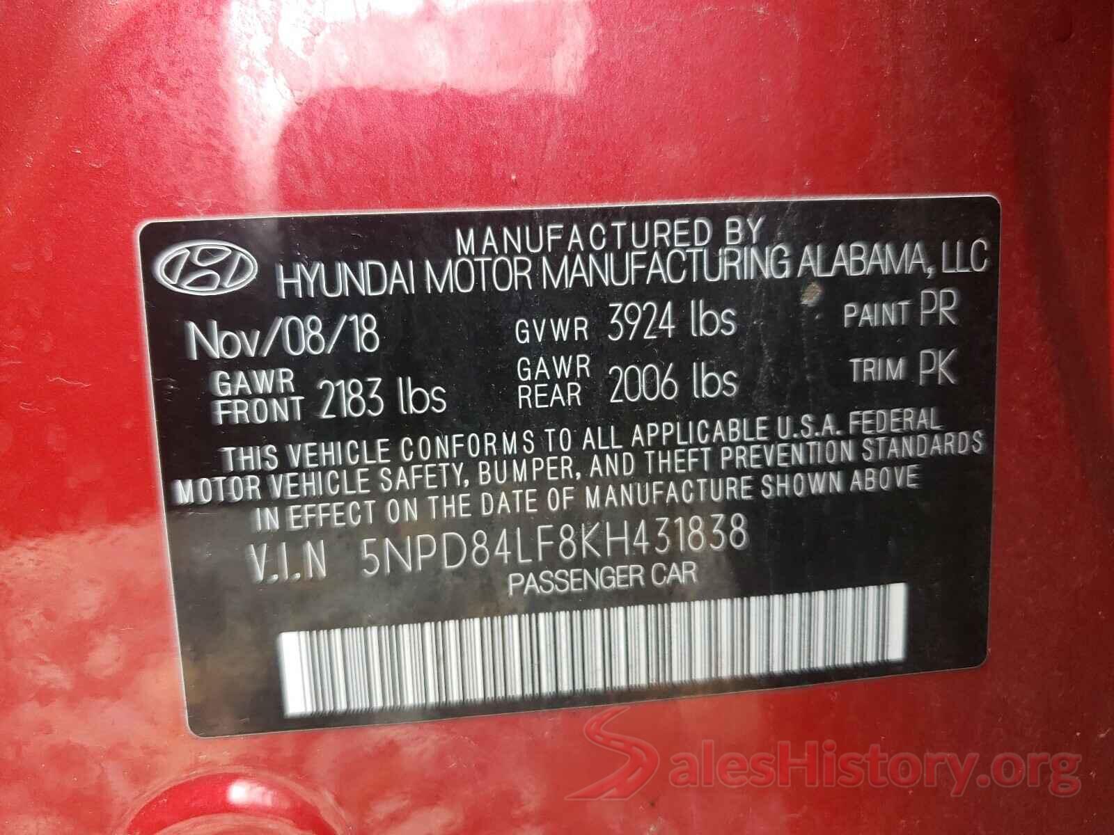 5NPD84LF8KH431838 2019 HYUNDAI ELANTRA