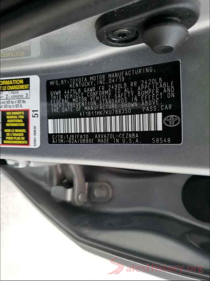 4T1B11HK7KU788350 2019 TOYOTA CAMRY