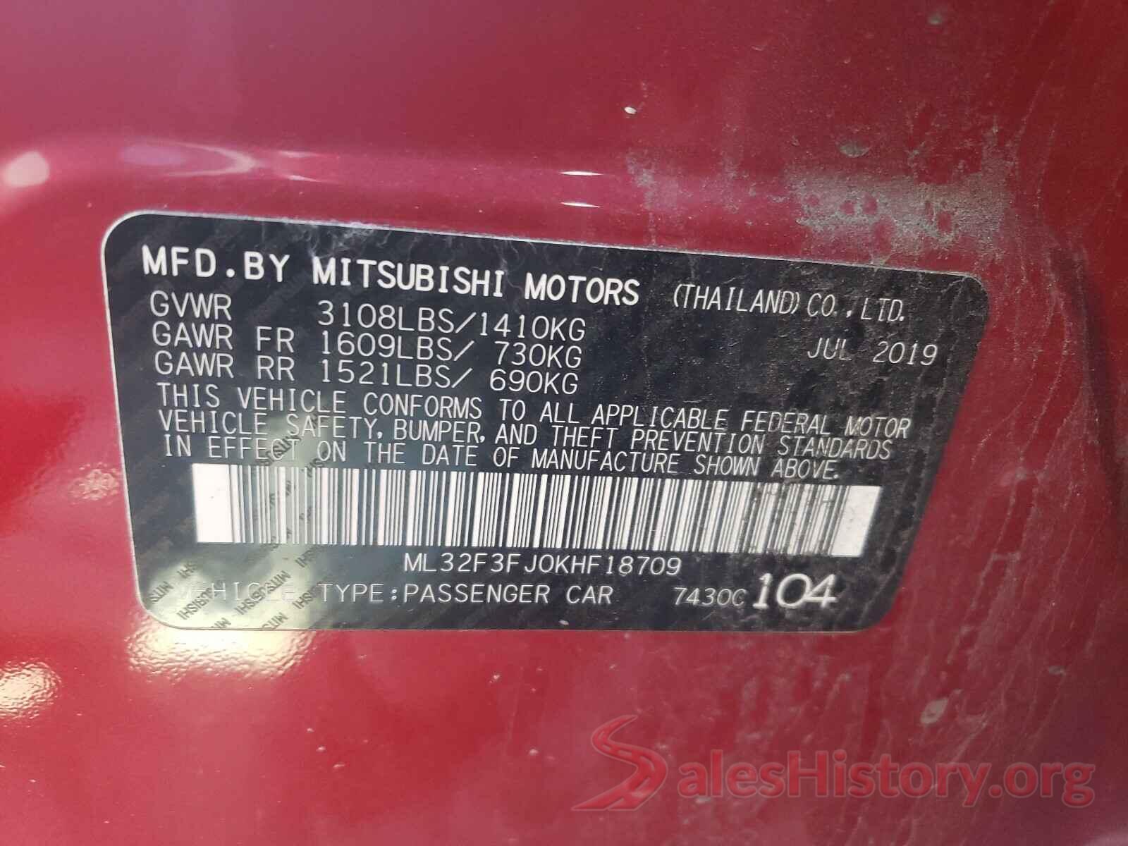 ML32F3FJ0KHF18709 2019 MITSUBISHI MIRAGE