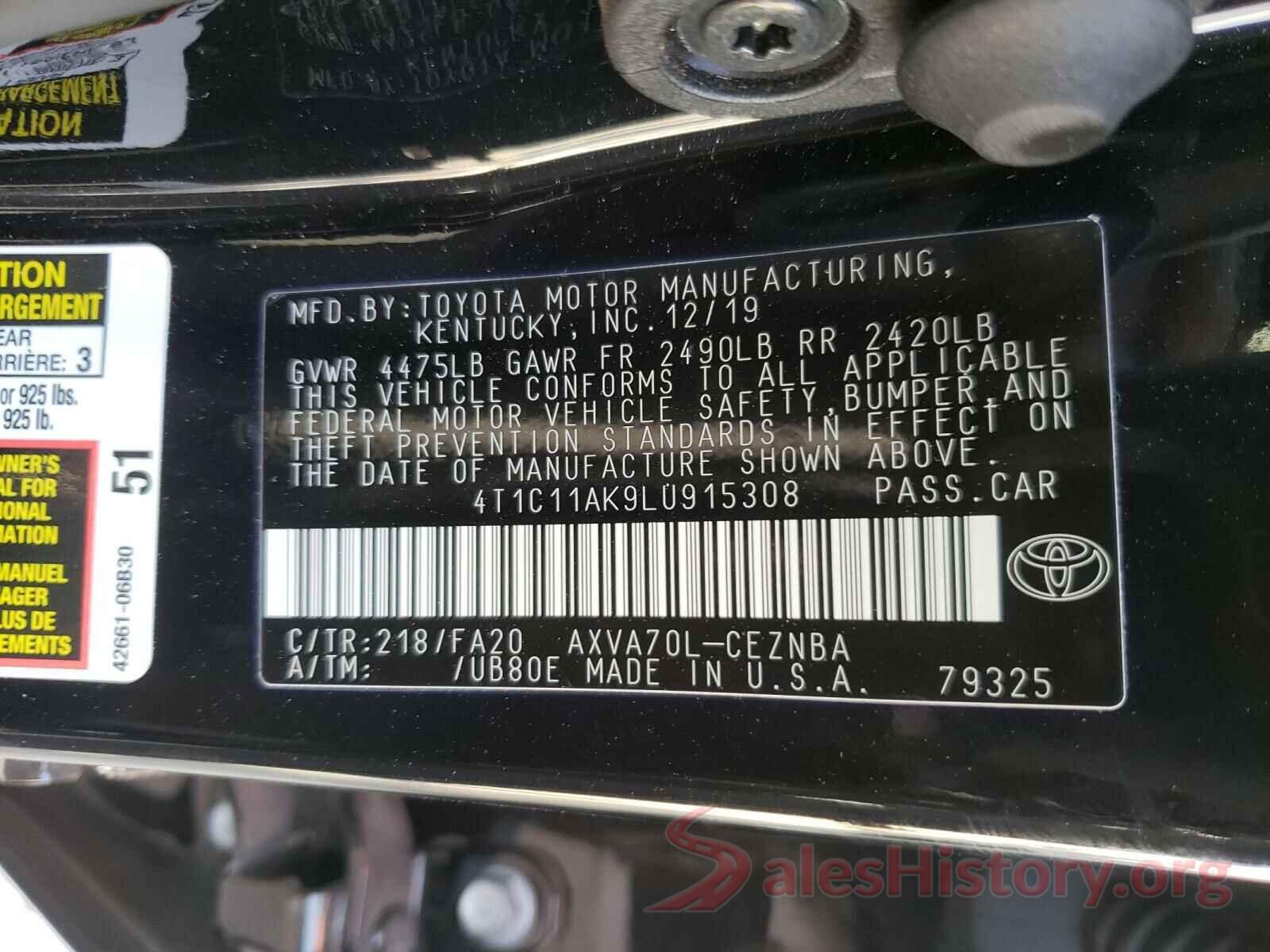 4T1C11AK9LU915308 2020 TOYOTA CAMRY