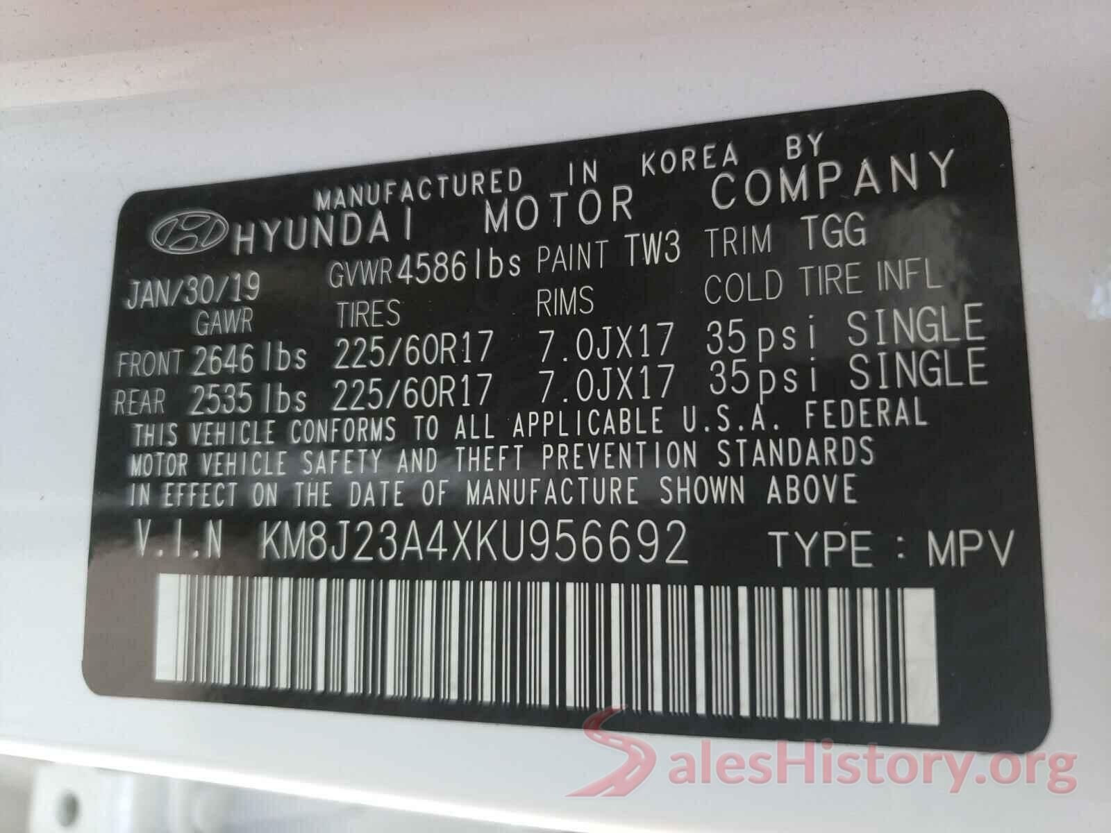 KM8J23A4XKU956692 2019 HYUNDAI TUCSON