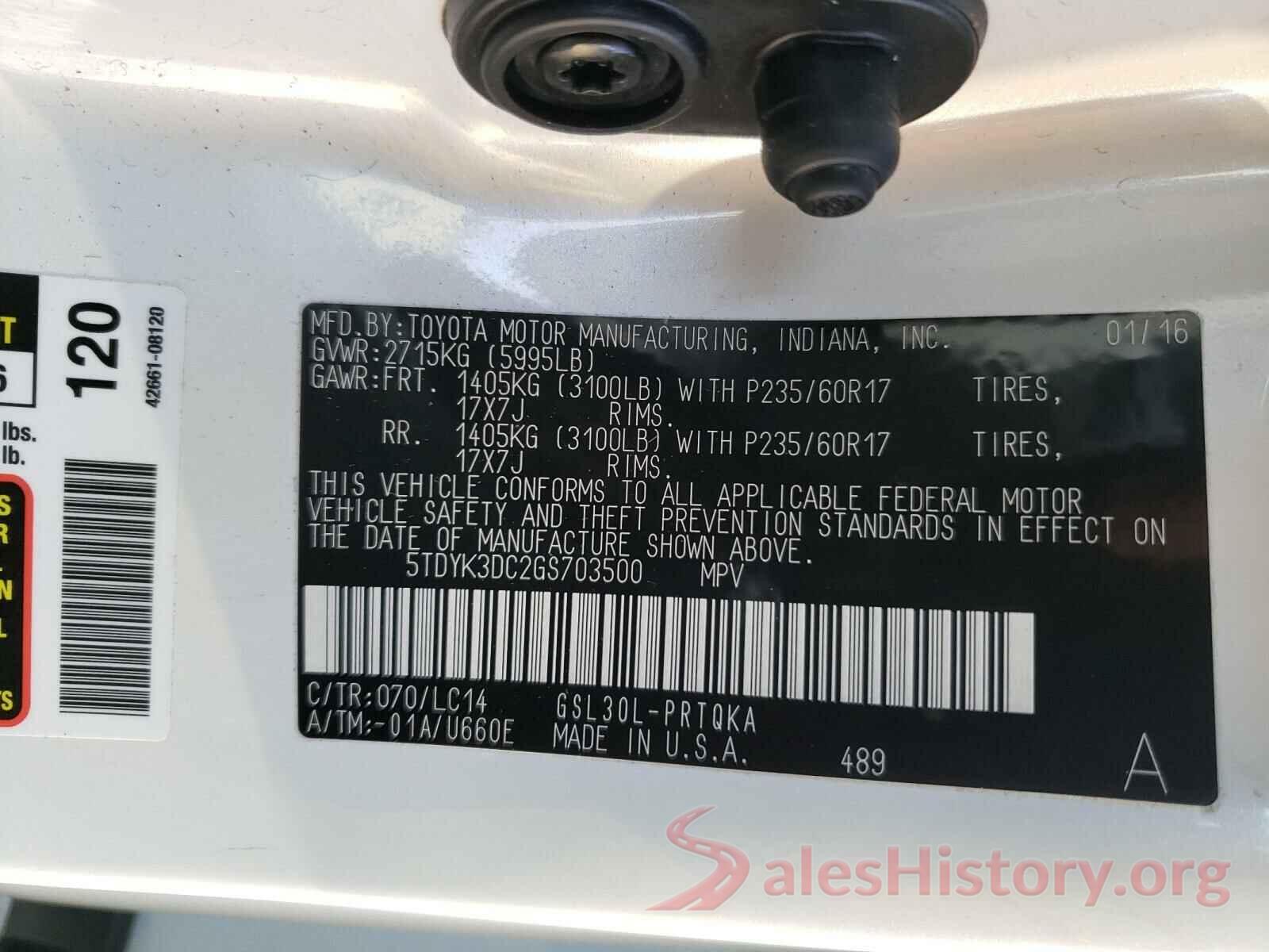 5TDYK3DC2GS703500 2016 TOYOTA SIENNA