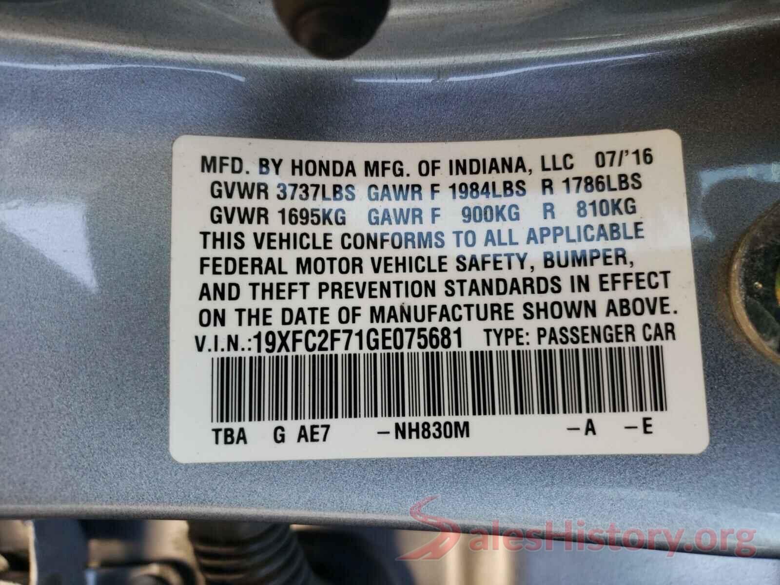 19XFC2F71GE075681 2016 HONDA CIVIC