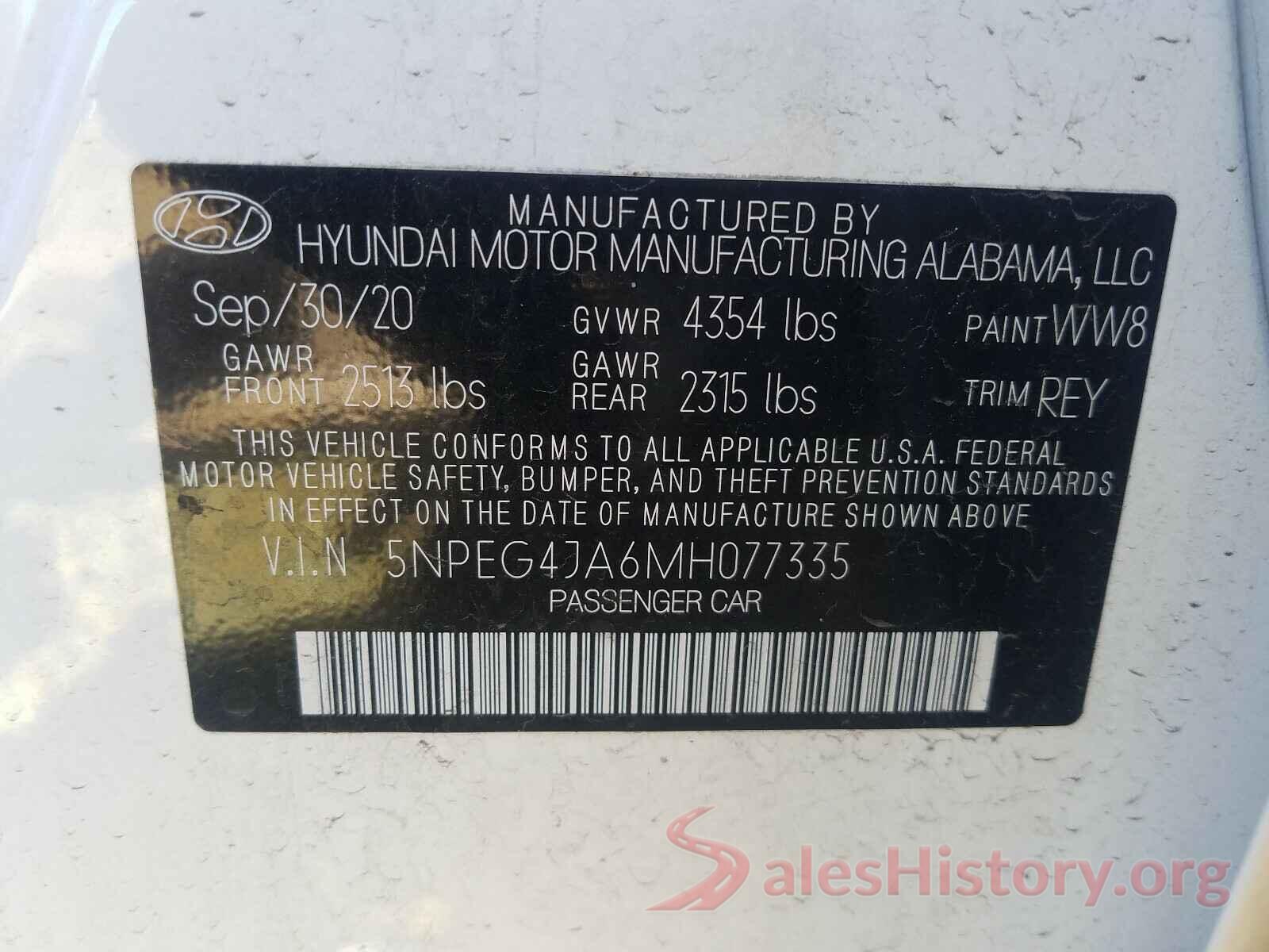 5NPEG4JA6MH077335 2021 HYUNDAI SONATA