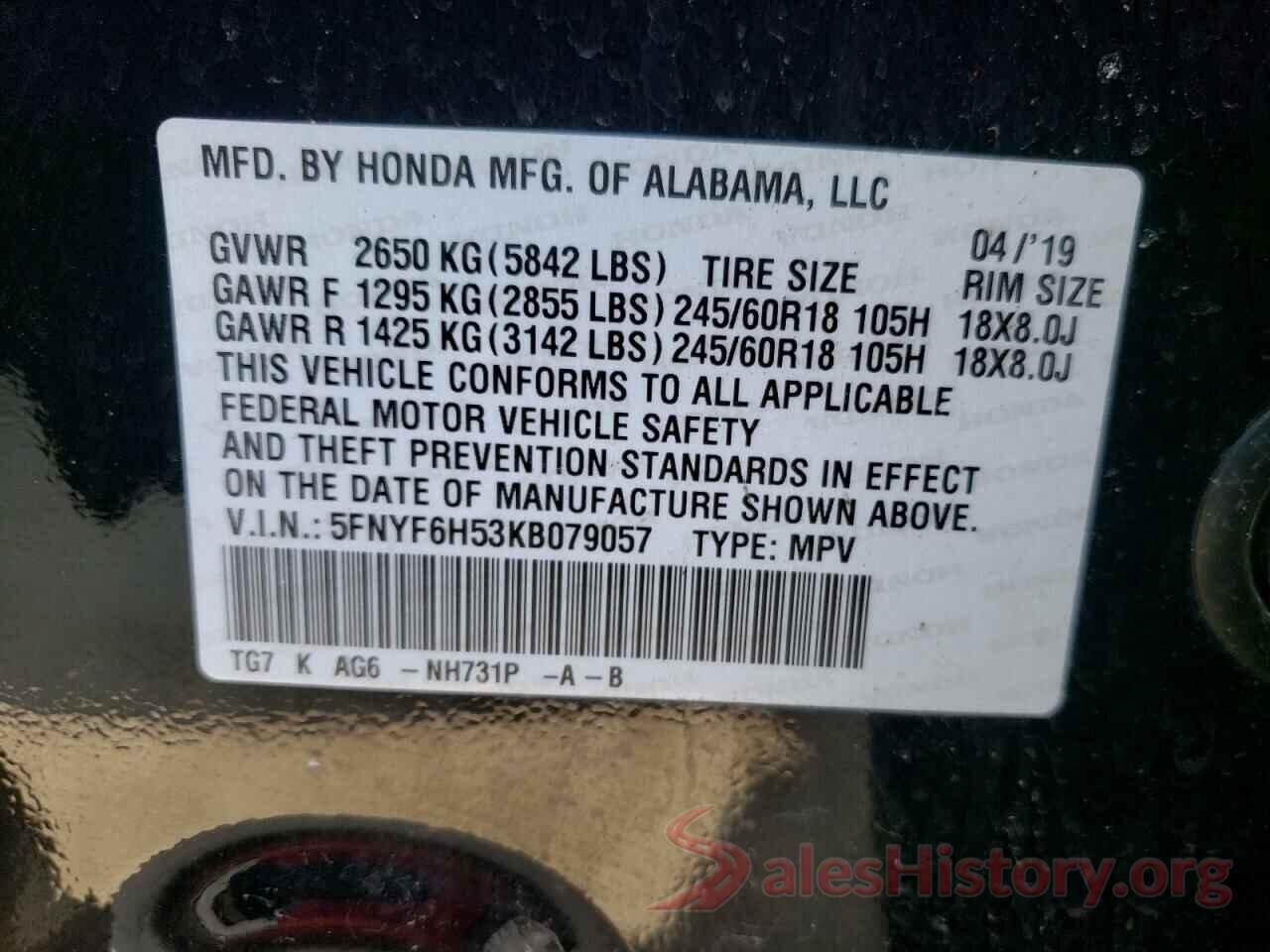 5FNYF6H53KB079057 2019 HONDA PILOT