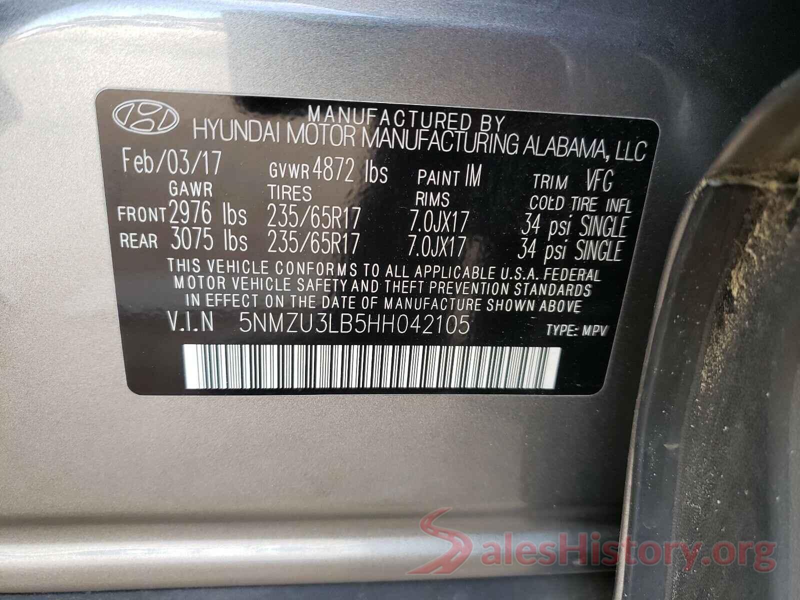 5NMZU3LB5HH042105 2017 HYUNDAI SANTA FE