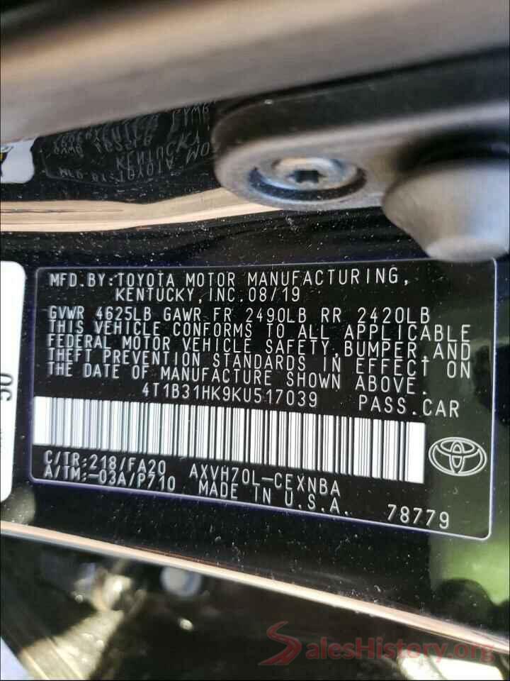 4T1B31HK9KU517039 2019 TOYOTA CAMRY