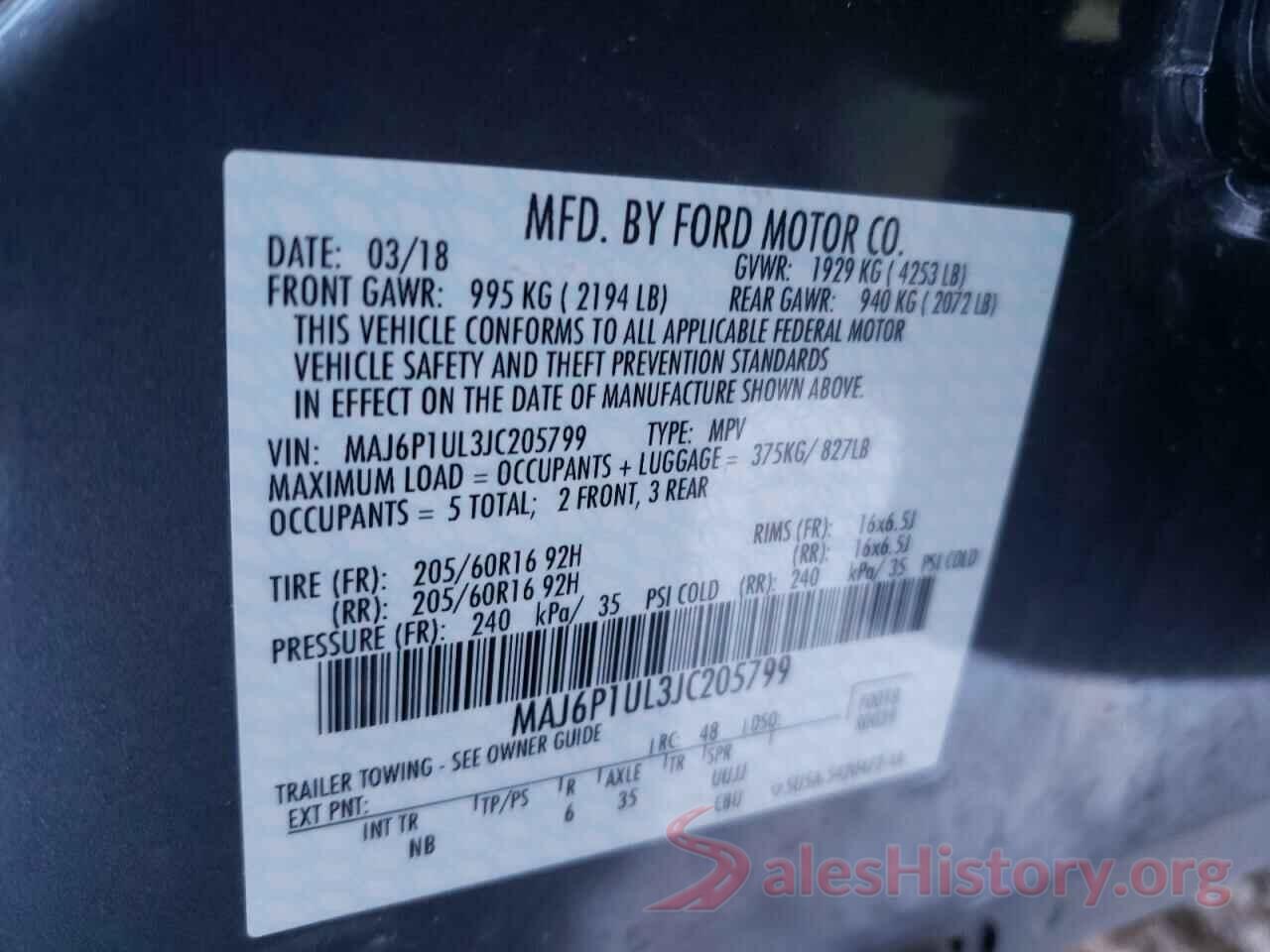 MAJ6P1UL3JC205799 2018 FORD ECOSPORT