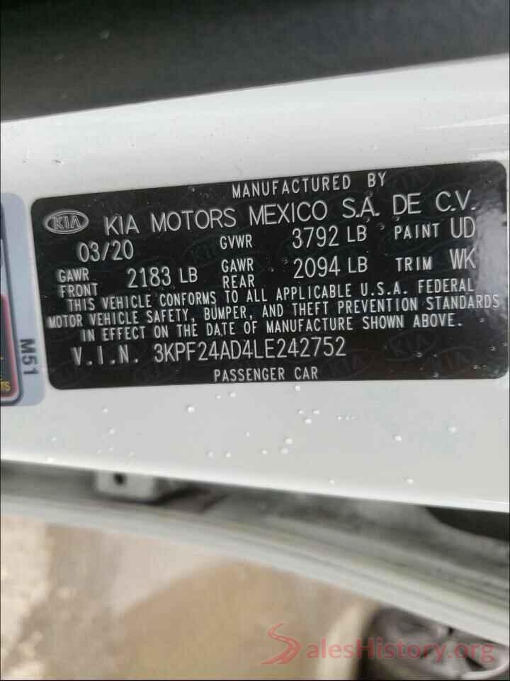 3KPF24AD4LE242752 2020 KIA FORTE