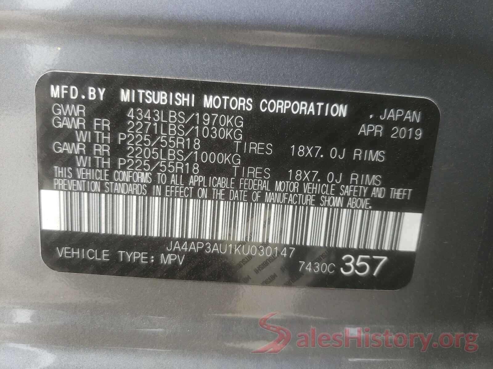 JA4AP3AU1KU030147 2019 MITSUBISHI OUTLANDER