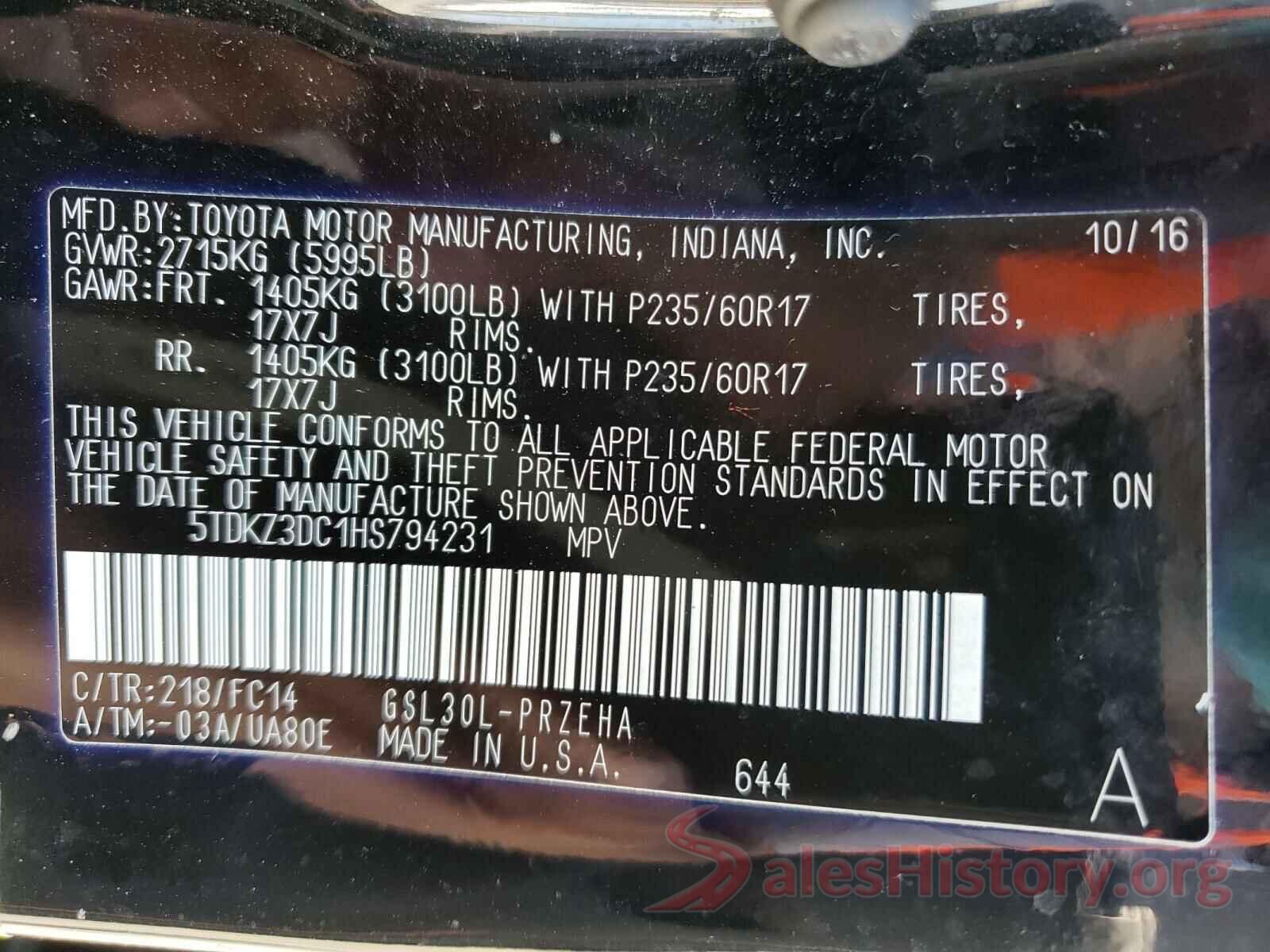 5TDKZ3DC1HS794231 2017 TOYOTA SIENNA