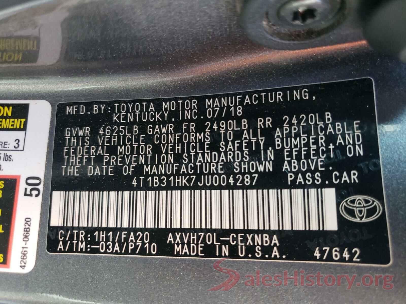 4T1B31HK7JU004287 2018 TOYOTA CAMRY