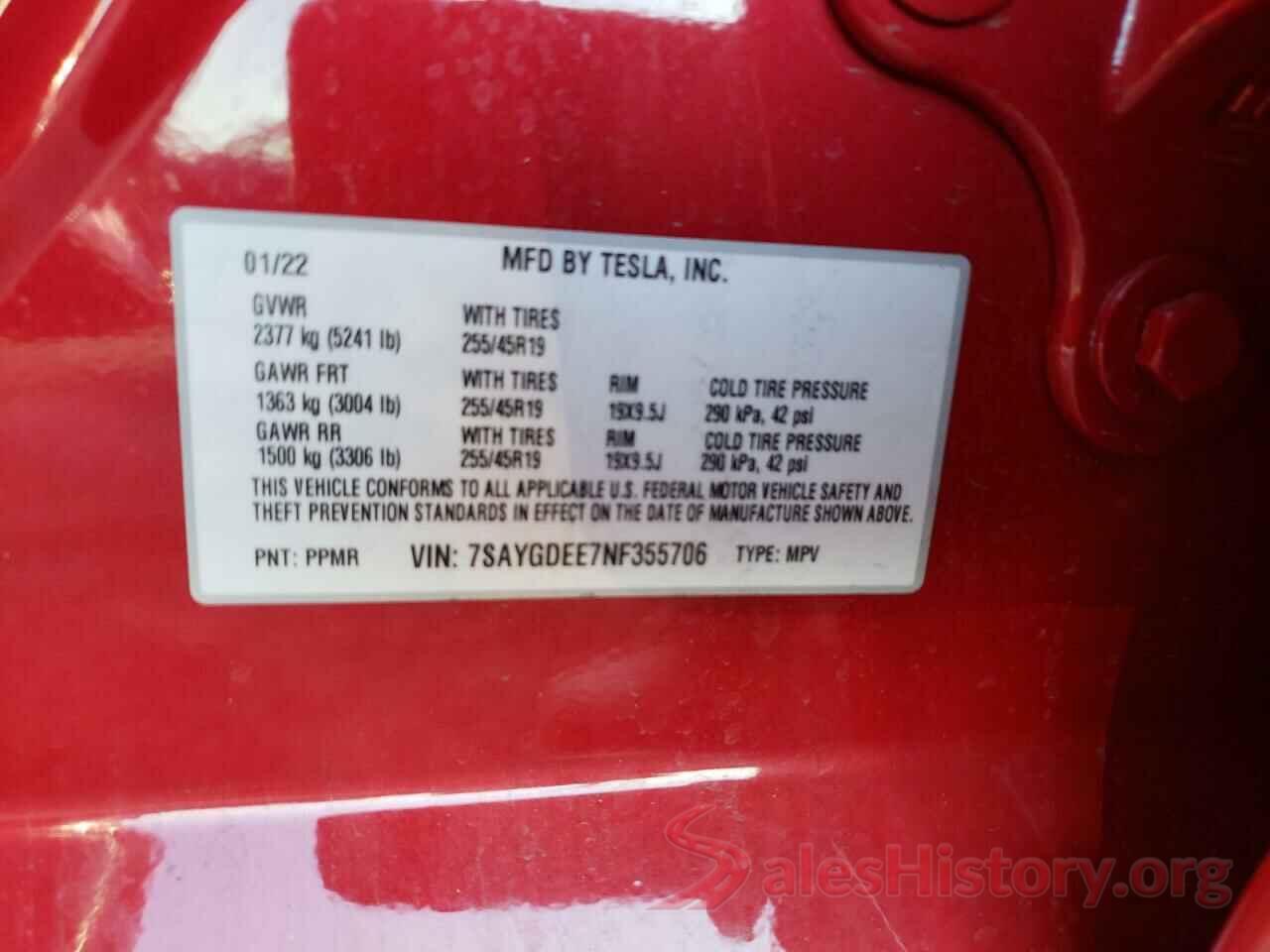 7SAYGDEE7NF355706 2022 TESLA MODEL Y