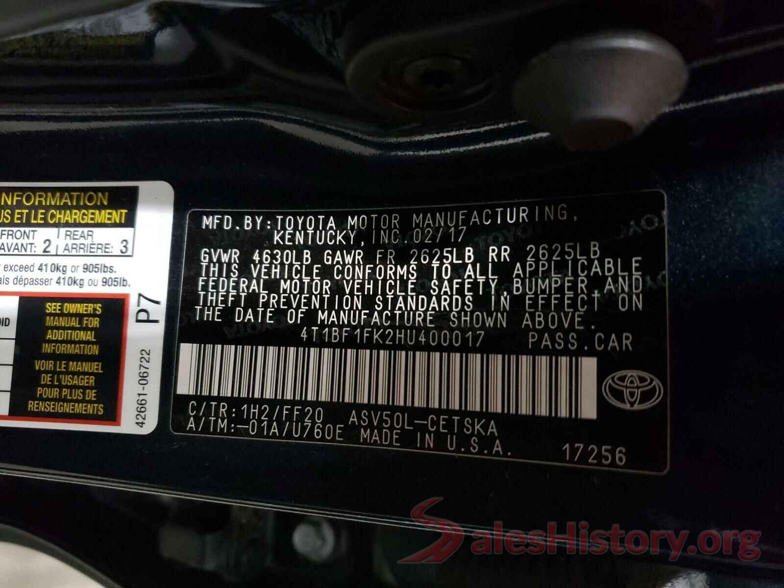 4T1BF1FK2HU400017 2017 TOYOTA CAMRY