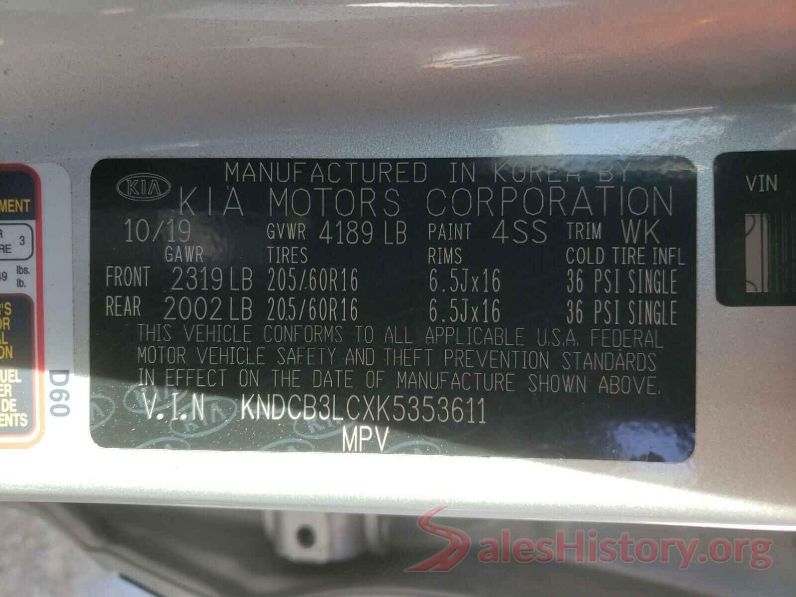 KNDCB3LCXK5353611 2019 KIA NIRO