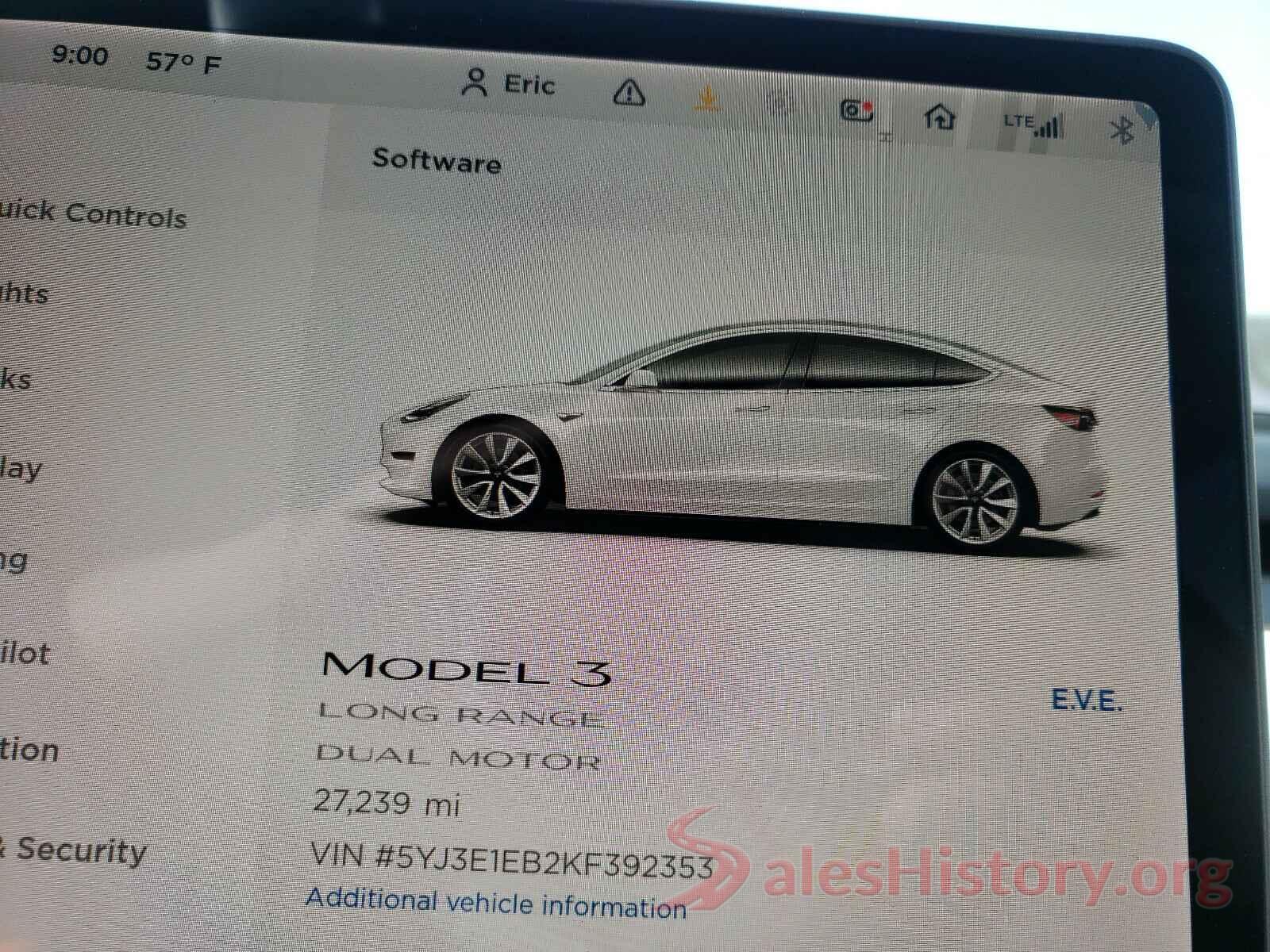 5YJ3E1EB2KF392353 2019 TESLA MODEL 3