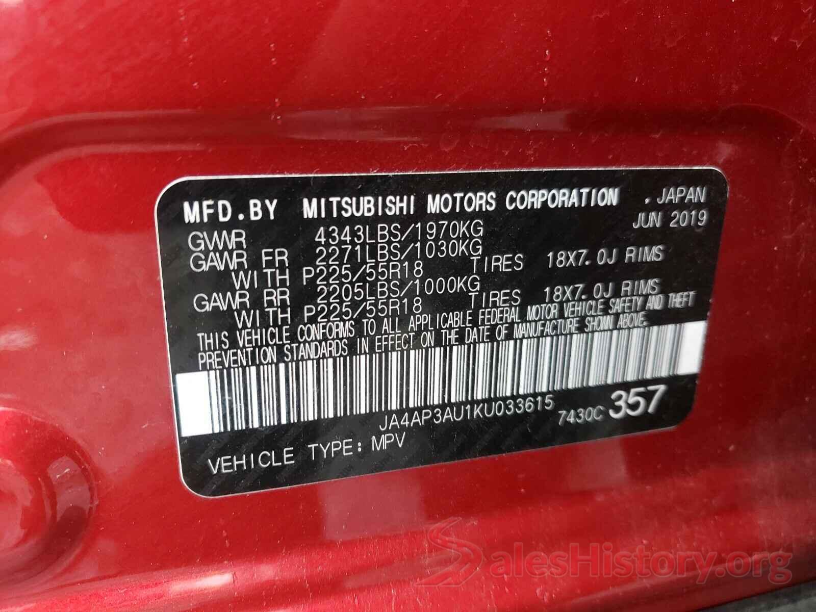 JA4AP3AU1KU033615 2019 MITSUBISHI OUTLANDER