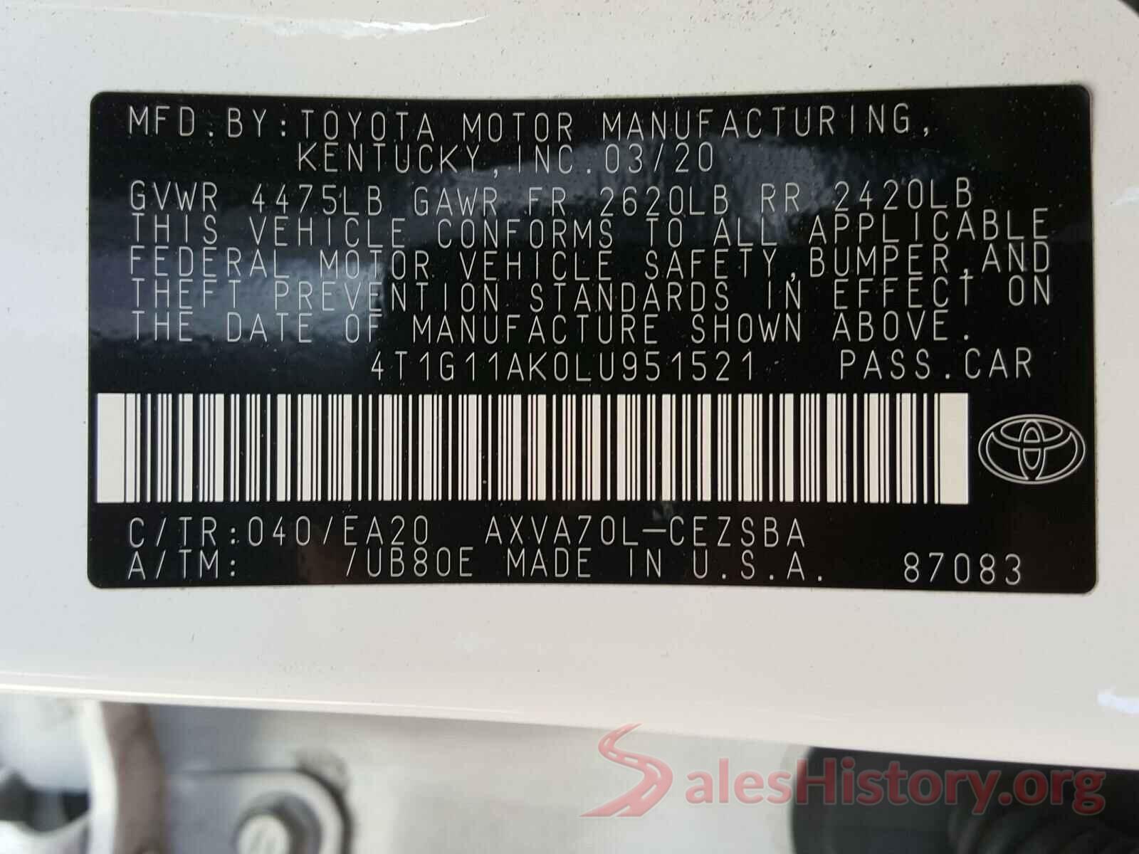 4T1G11AK0LU951521 2020 TOYOTA CAMRY