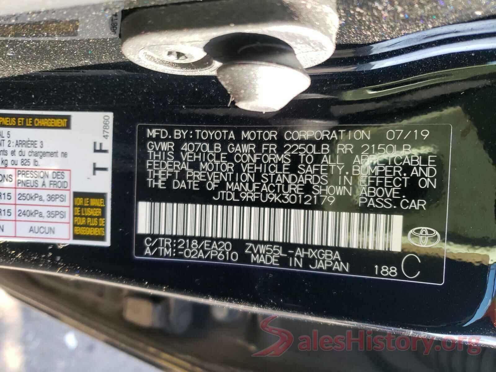 JTDL9RFU9K3012179 2019 TOYOTA PRIUS