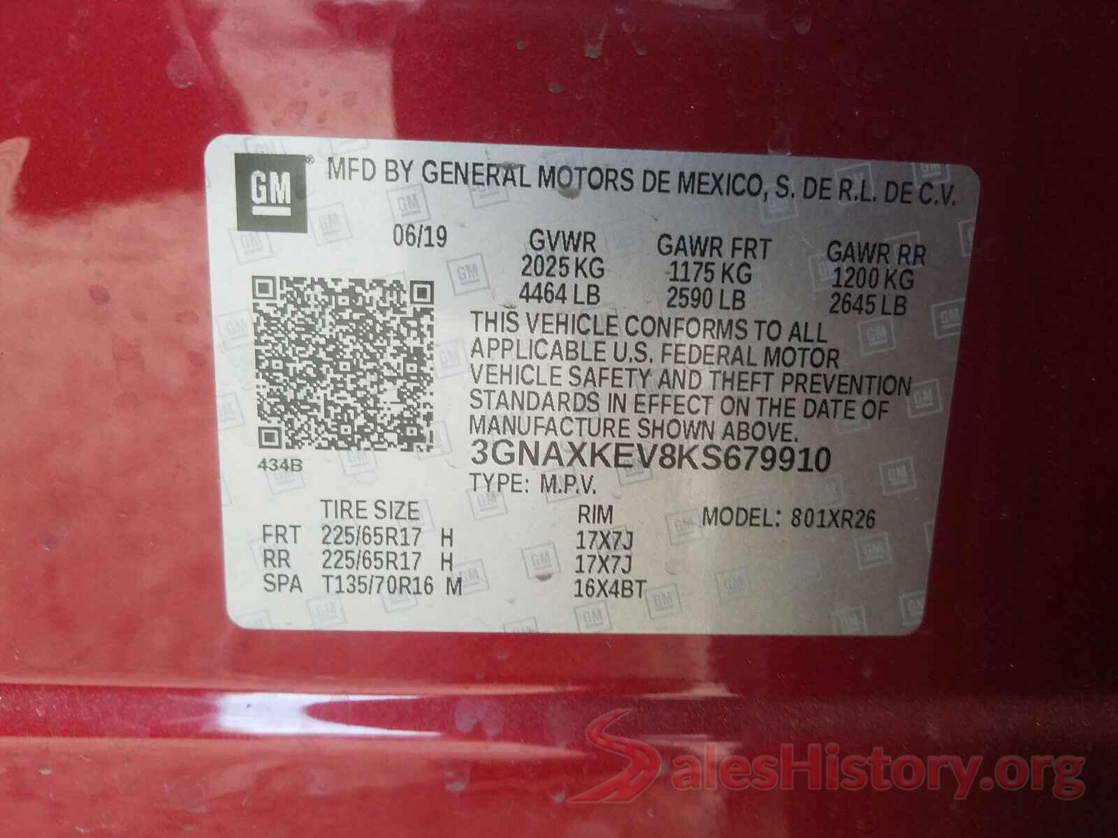 3GNAXKEV8KS679910 2019 CHEVROLET EQUINOX