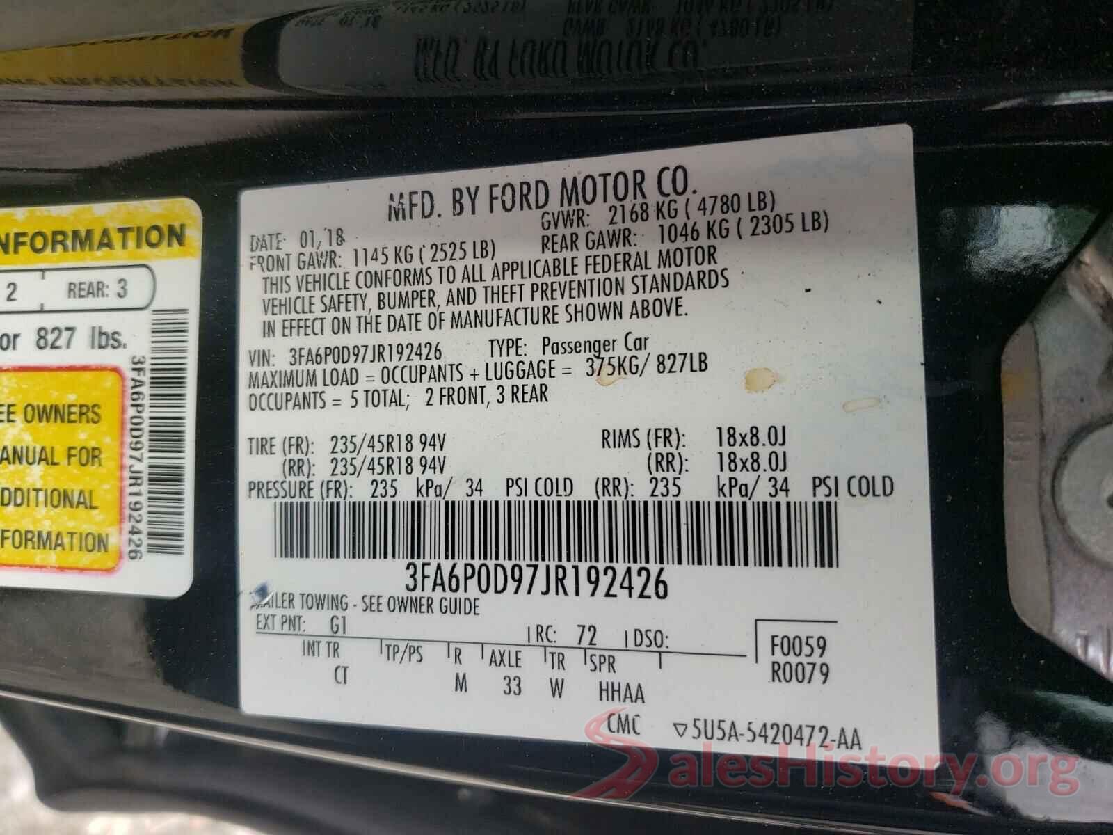 3FA6P0D97JR192426 2018 FORD FUSION